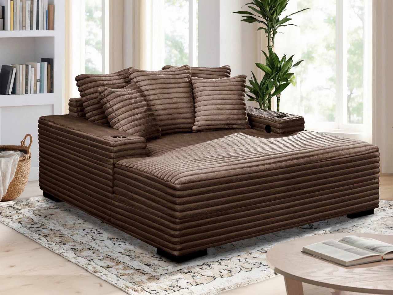 Brown Chaise Lounge with Dual Cup Holders and USB Charging Ports