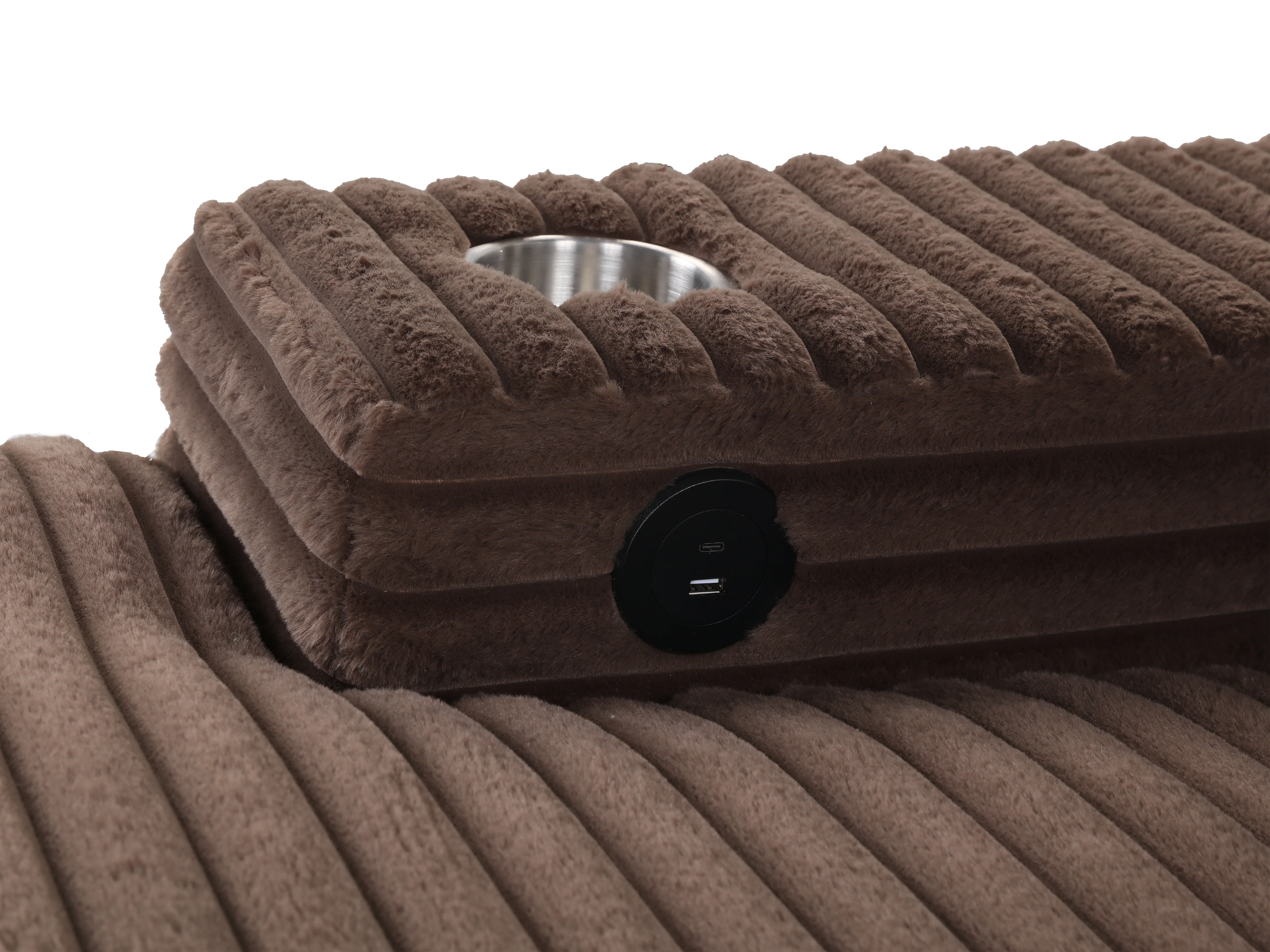 Brown Chaise Lounge with Dual Cup Holders and USB Charging Ports