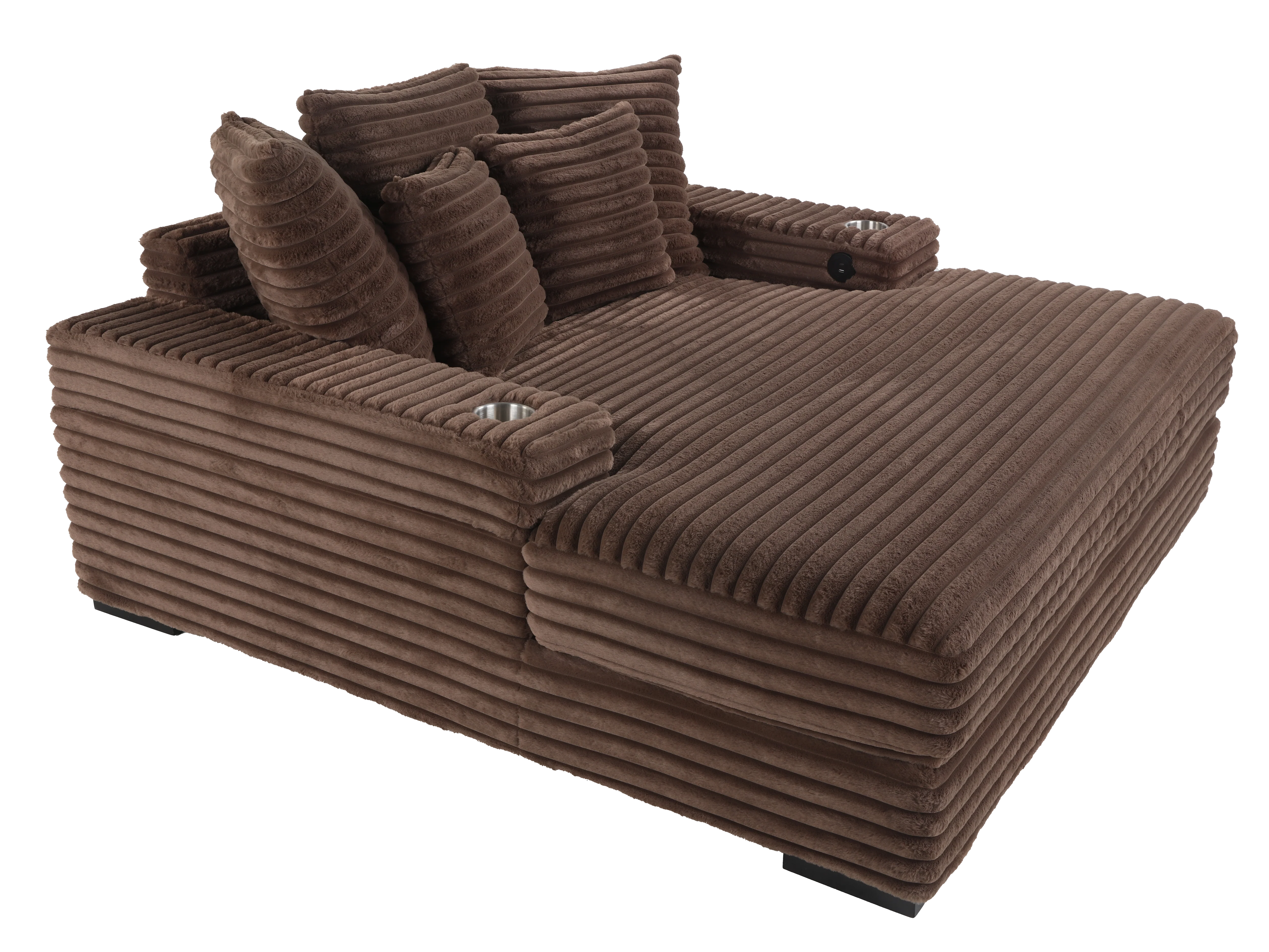 Brown Chaise Lounge with Dual Cup Holders and USB Charging Ports