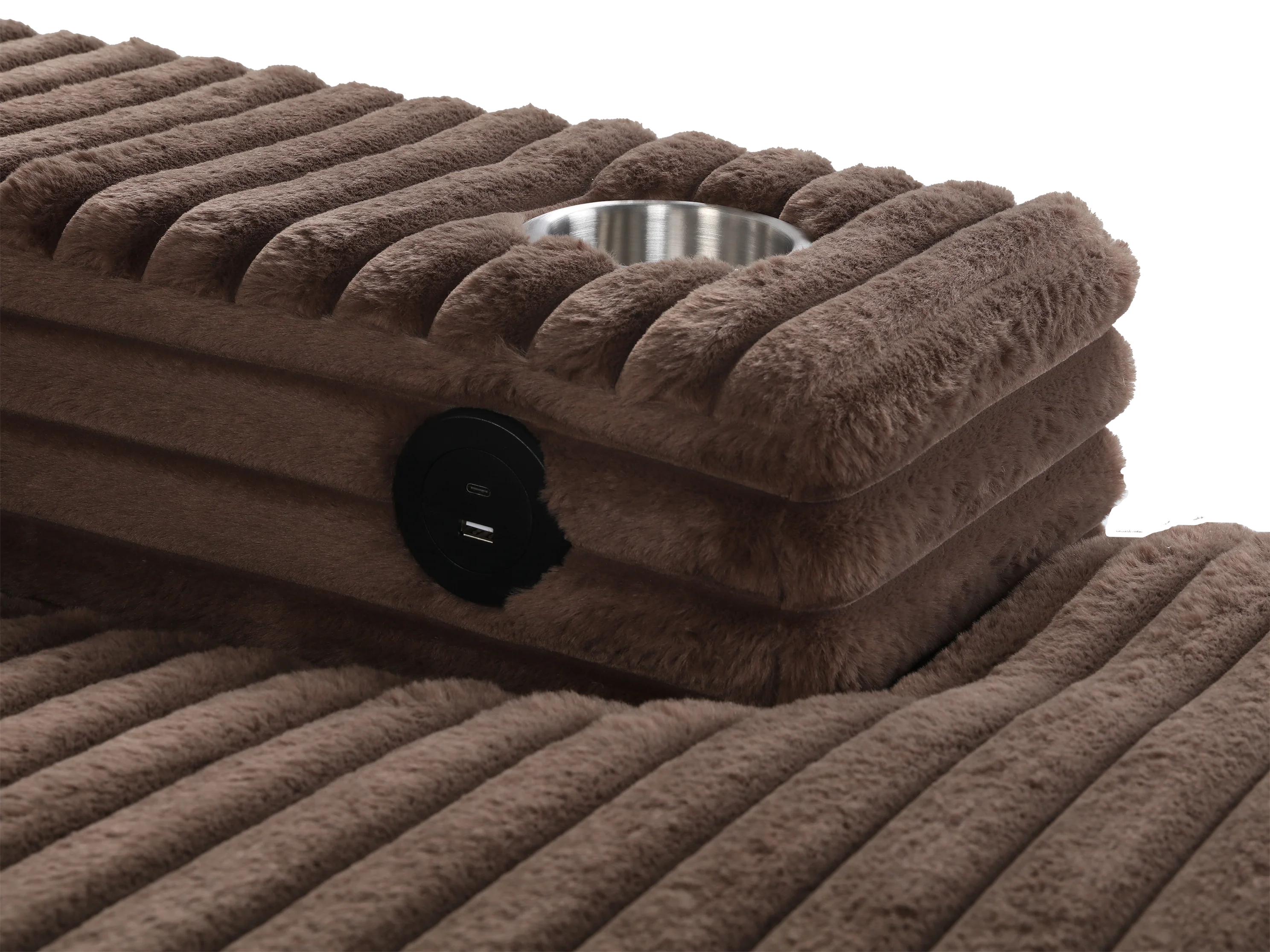 Brown Chaise Lounge with Dual Cup Holders and USB Charging Ports
