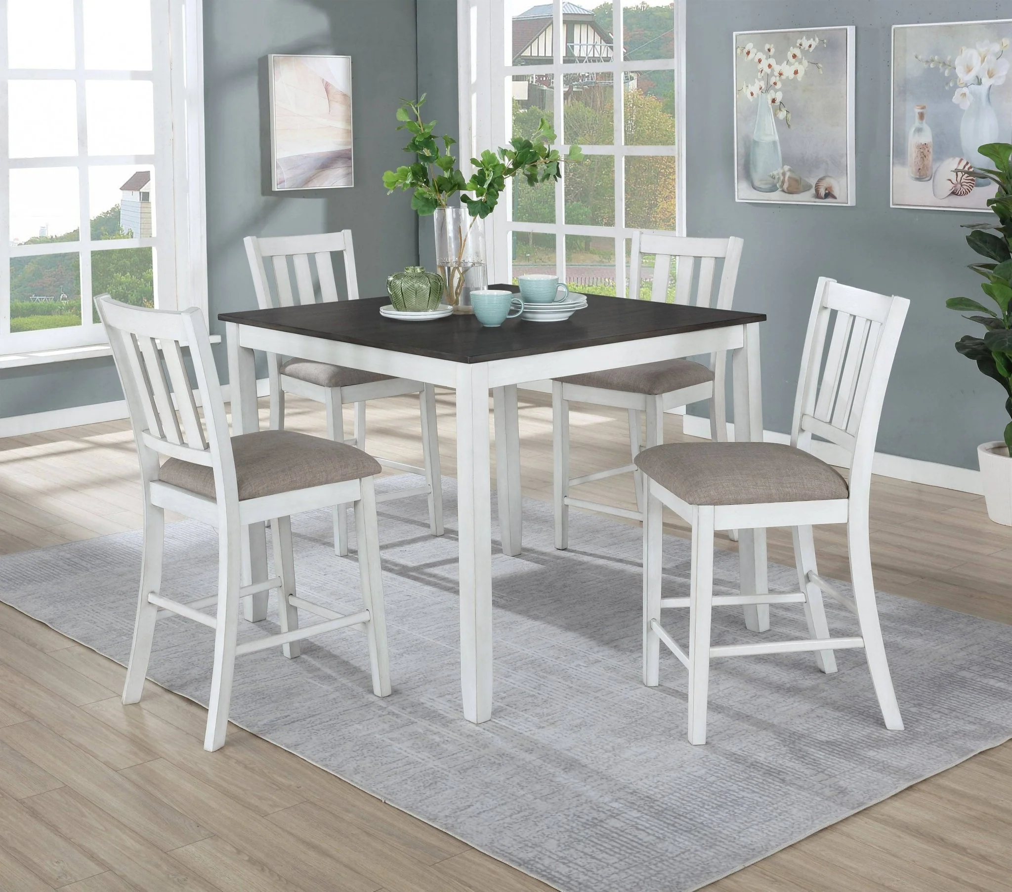 White-Gray 5-Piece Counter-Height Dining Set - Square Table & 4 Stools