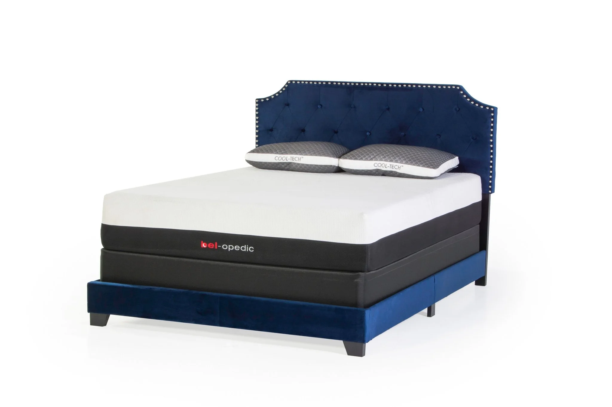 Navy Blue Tufted Headboard Low Profile Panel Bed