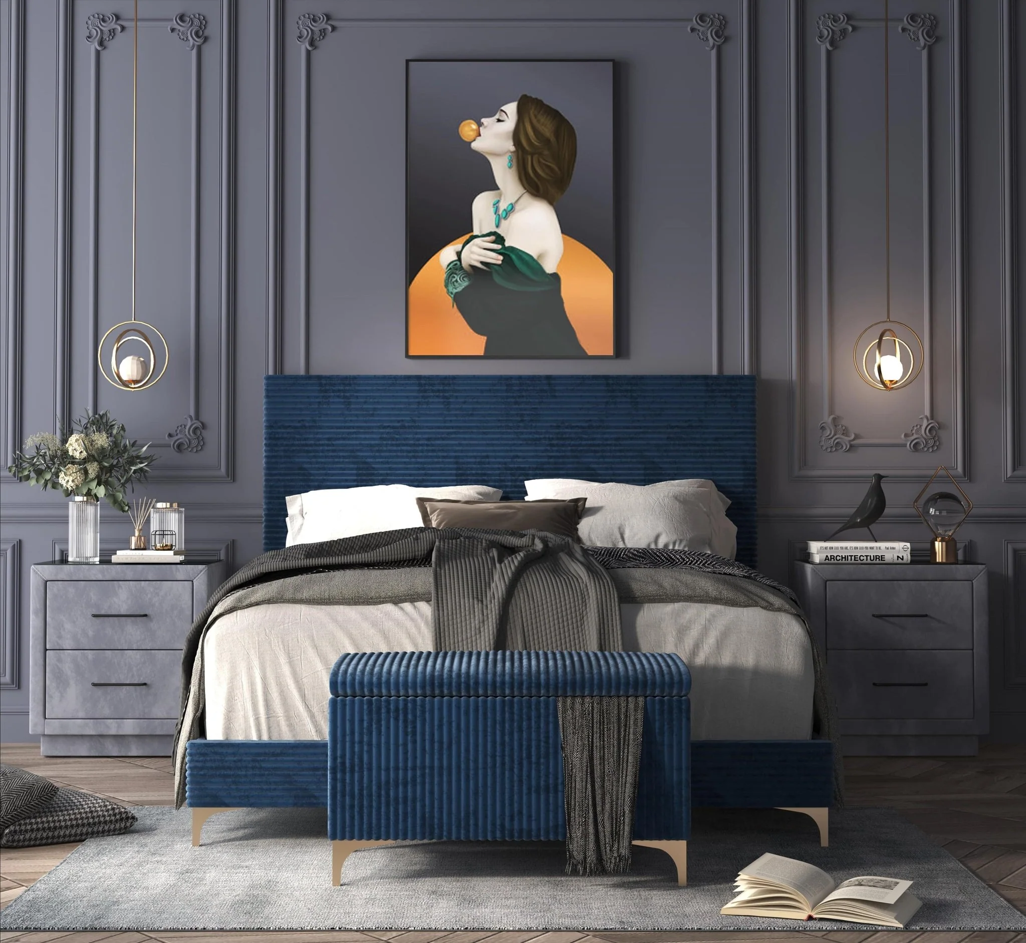 Midnight Blue Velvet Queen Bed with Storage Bench