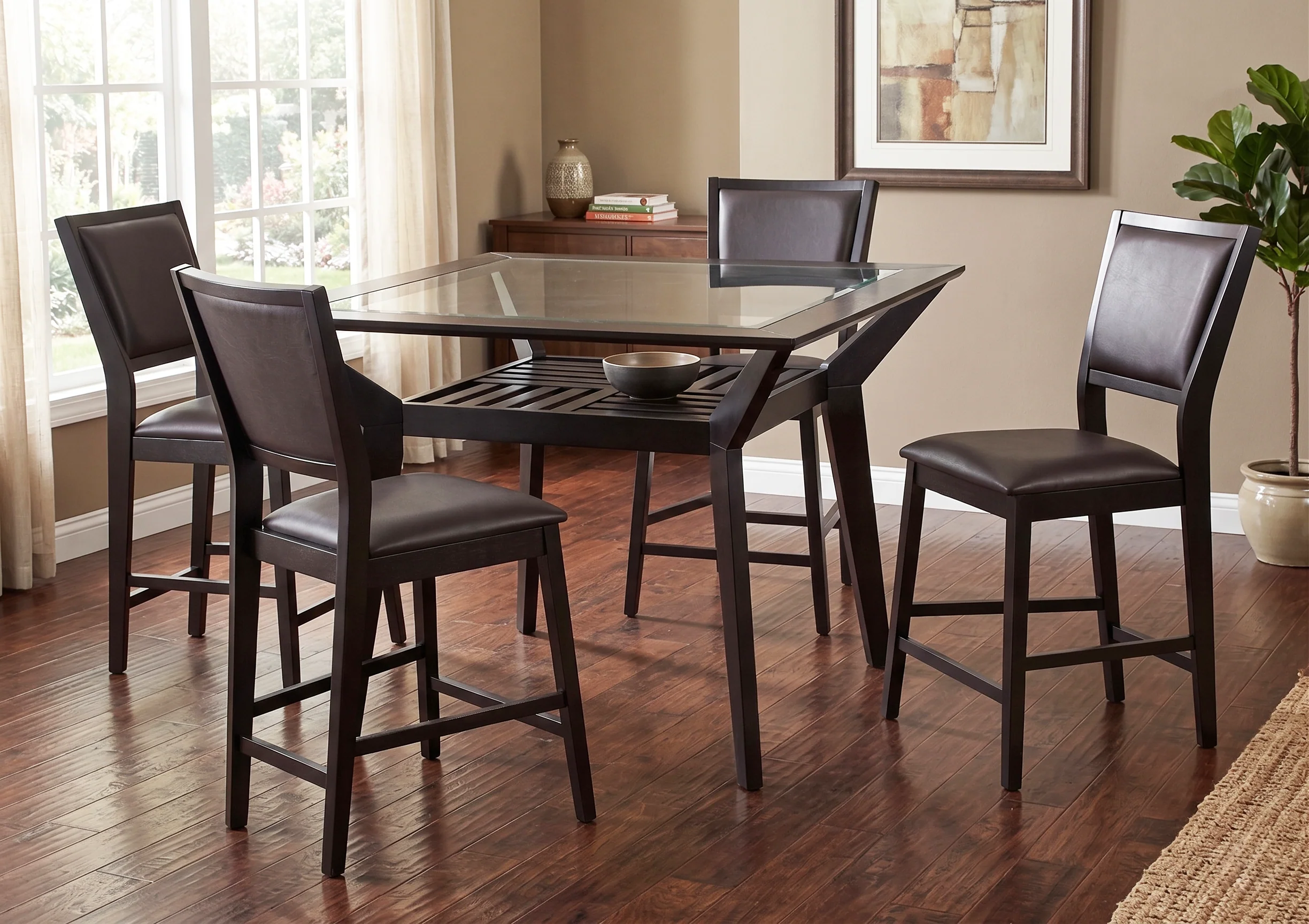 Modern 5-Piece Counter Height Dining Set with Tempered Glass Top Pub Table and 4 Espresso PU Upholstered Chairs