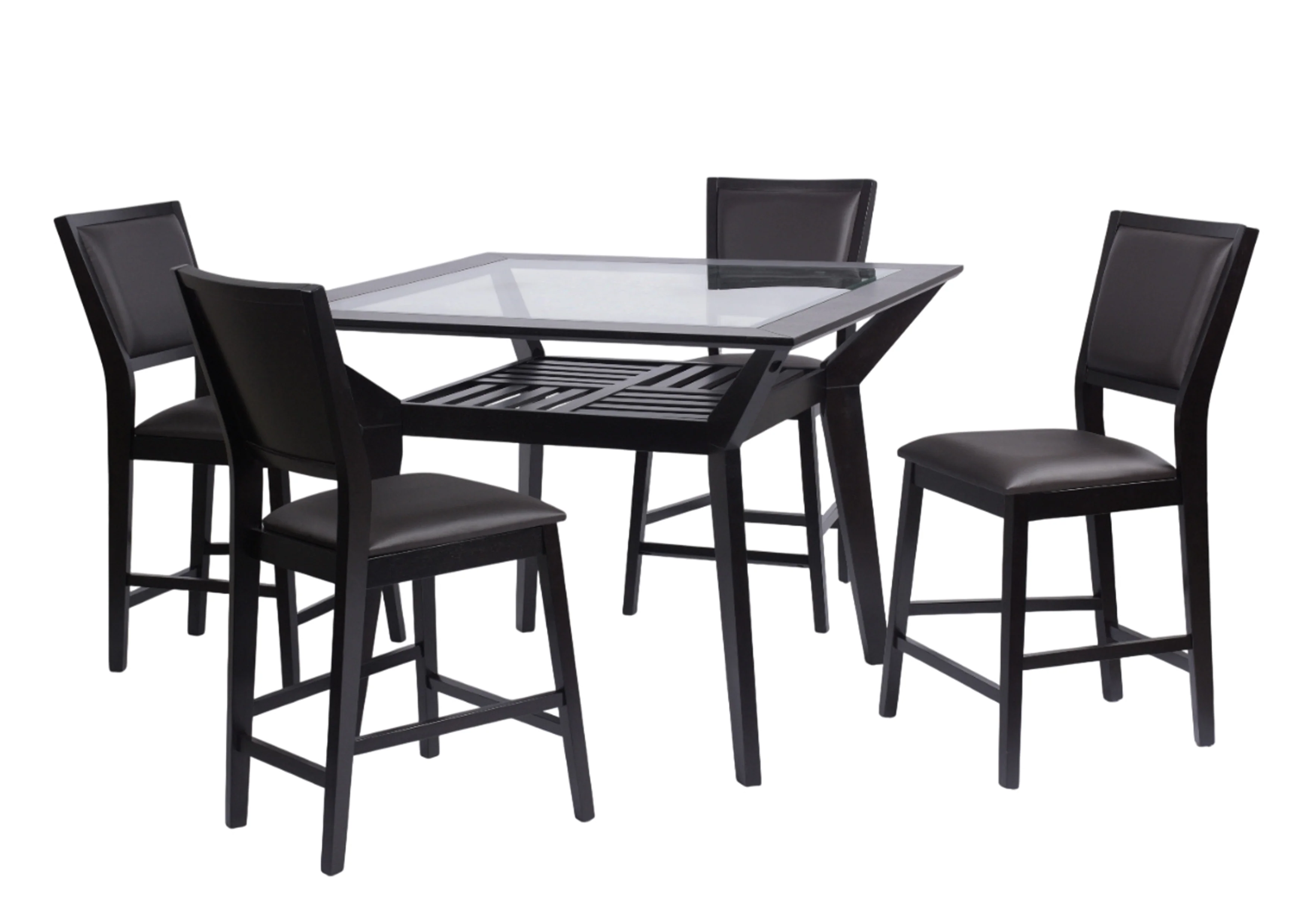 Modern 5-Piece Counter Height Dining Set with Tempered Glass Top Pub Table and 4 Espresso PU Upholstered Chairs