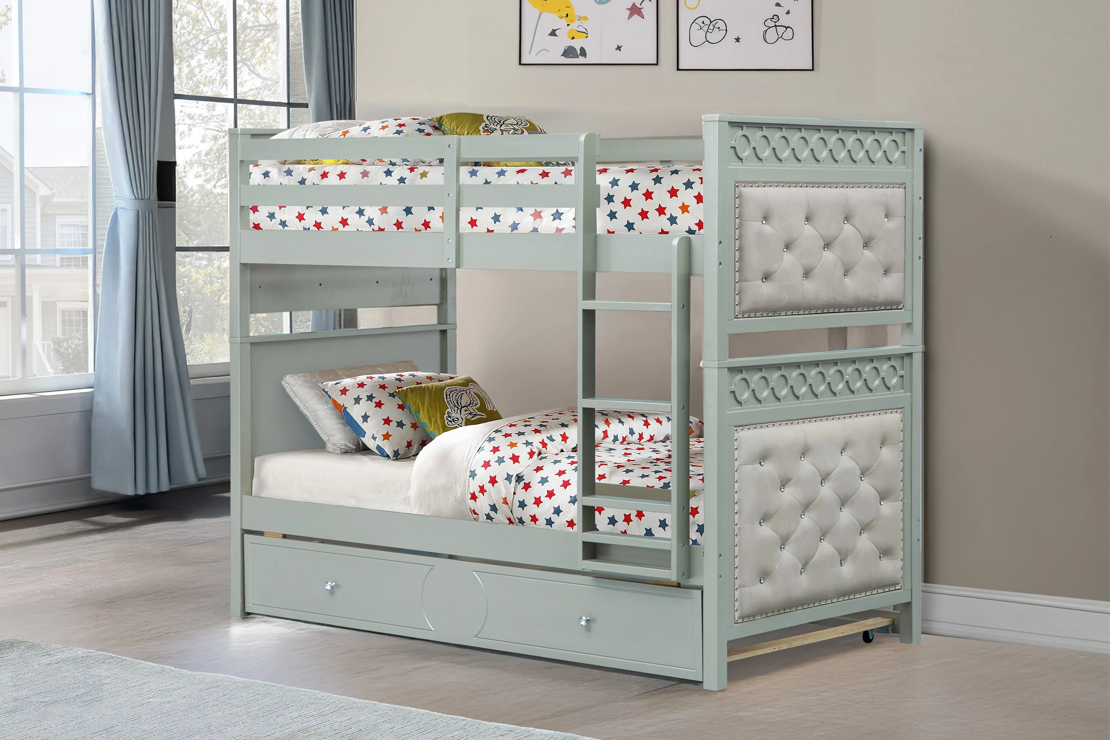 Silver Twin-Over-Twin Bunk Bed with Tufted Panels & Pull-Out Trundle