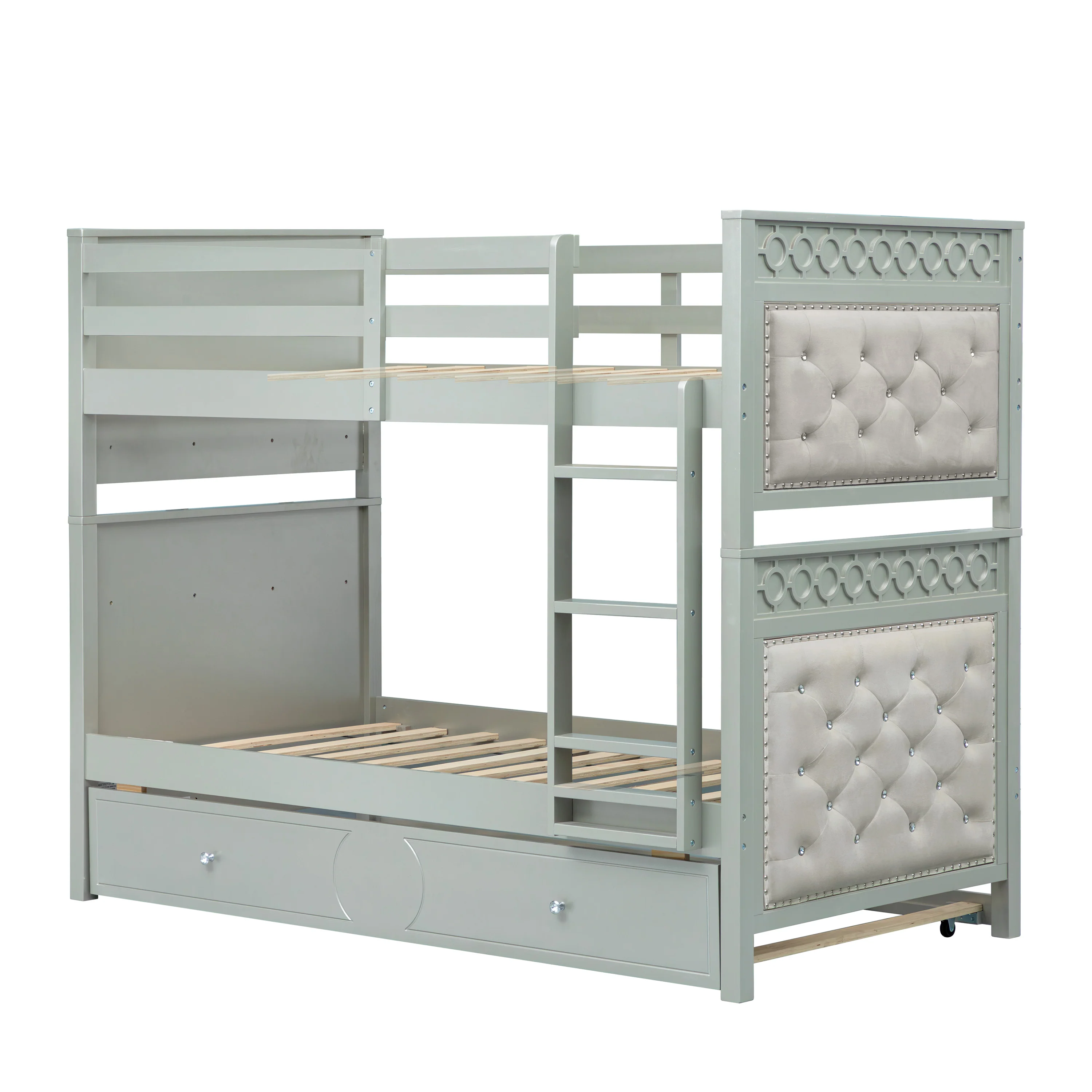 Silver Twin-Over-Twin Bunk Bed with Tufted Panels & Pull-Out Trundle