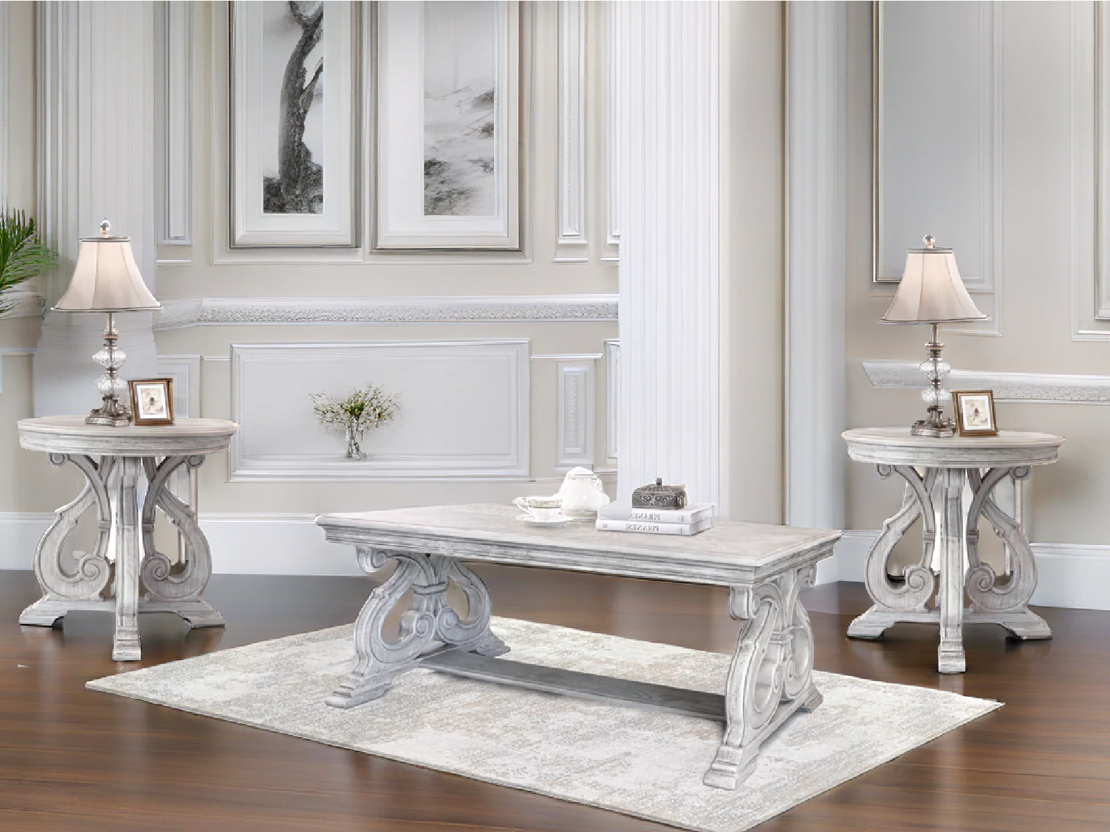 3-Piece Traditional Scroll Base Coffee Table Set in Weathered Gray