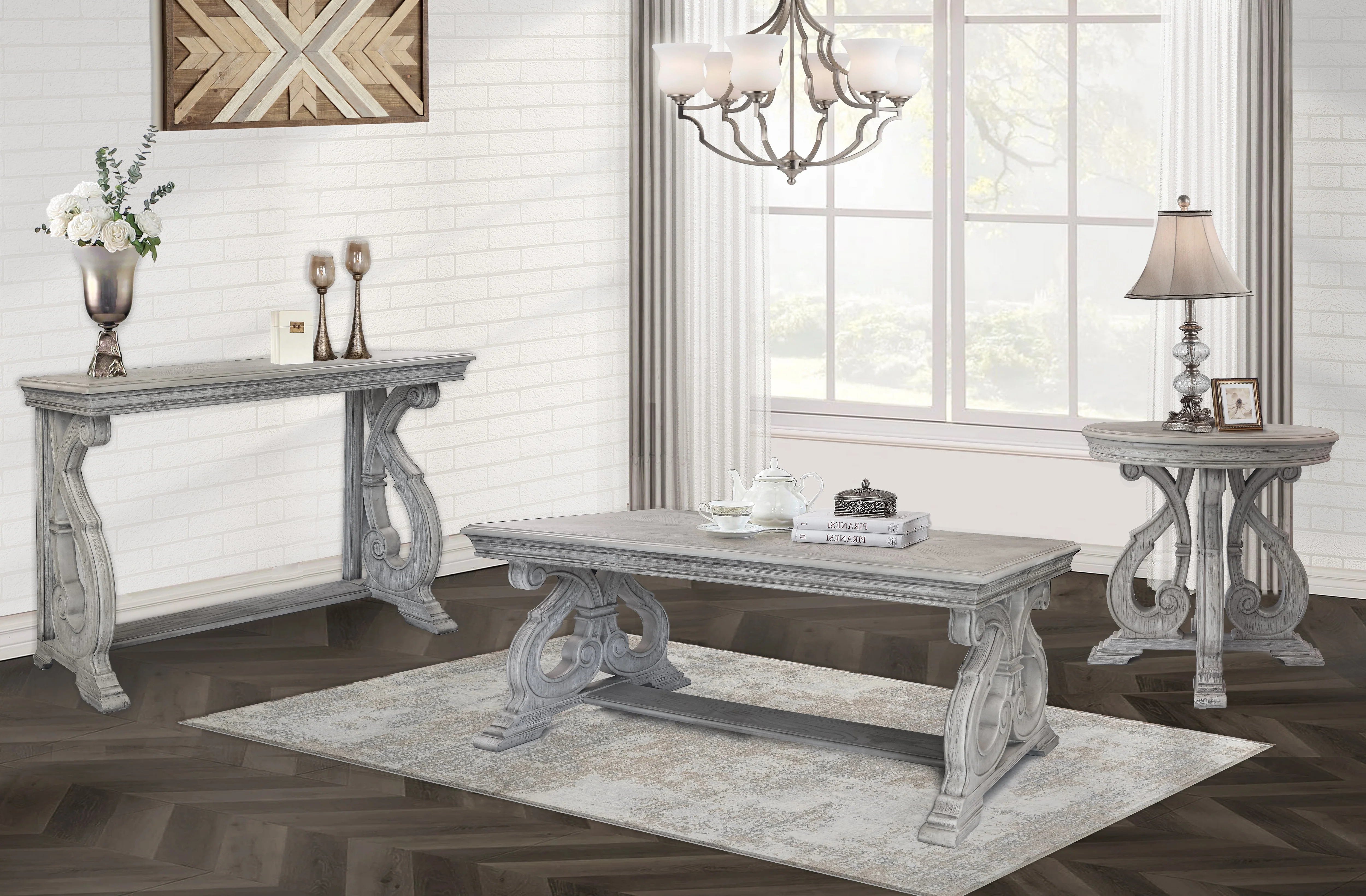 3-Piece Traditional Scroll Base Coffee Table Set in Weathered Gray