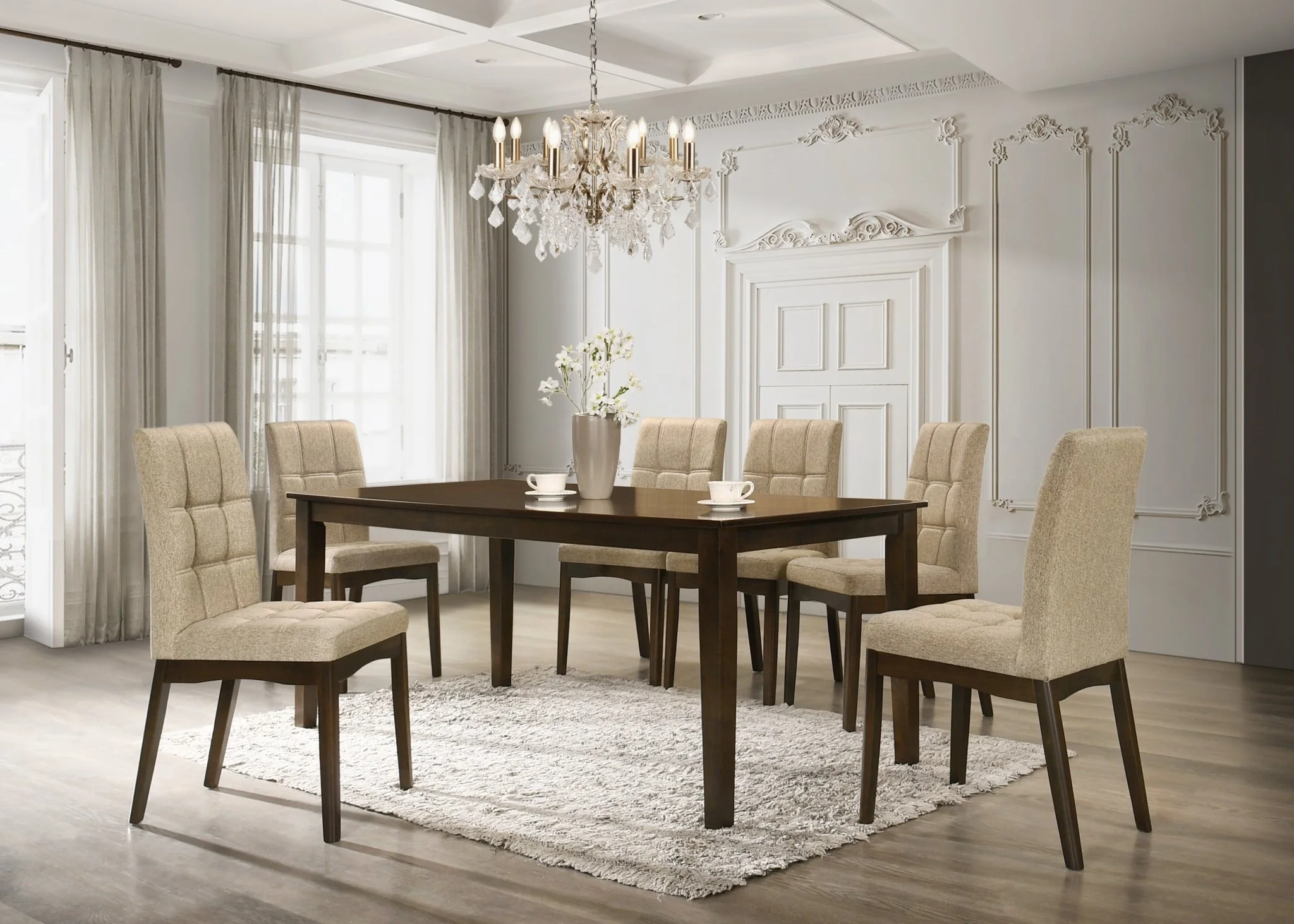 1149-brown-beige-7-piece-modern-dining-set-with-upholstered-chairs-1.webp Brown & Beige 7-Piece Modern Dining Set with Upholstered Chairs