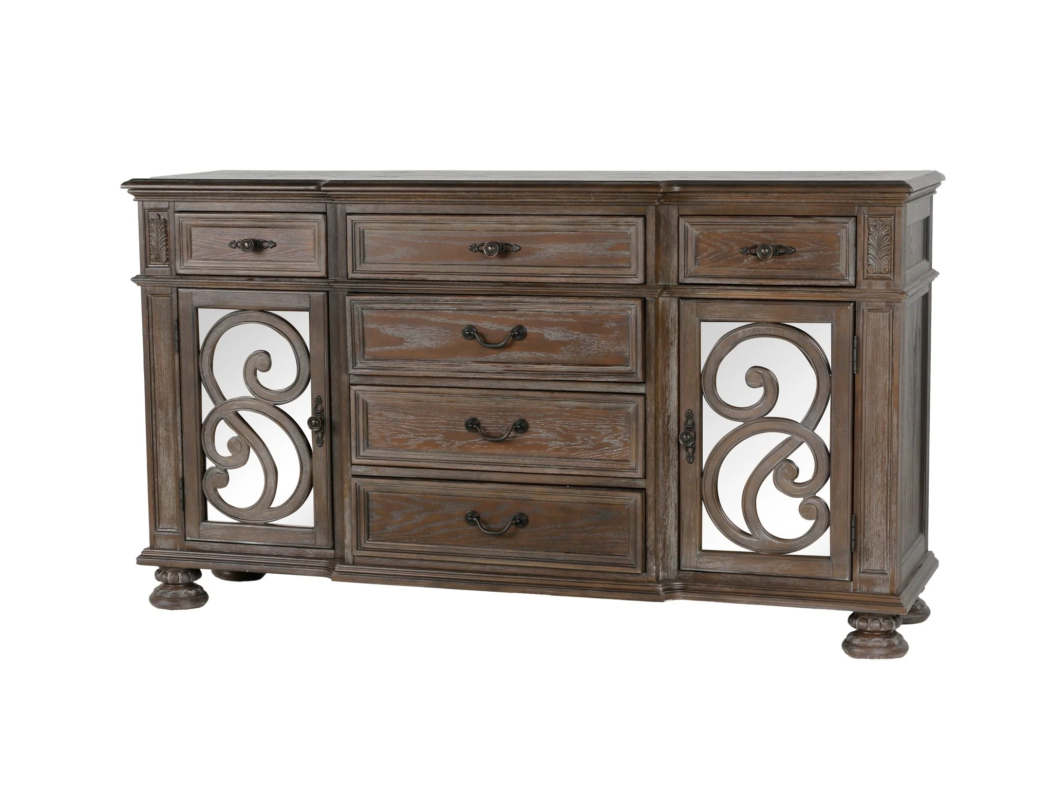 Reclaimed Grey Oak Scroll-Panel Server / Sideboard (7-Drawer)