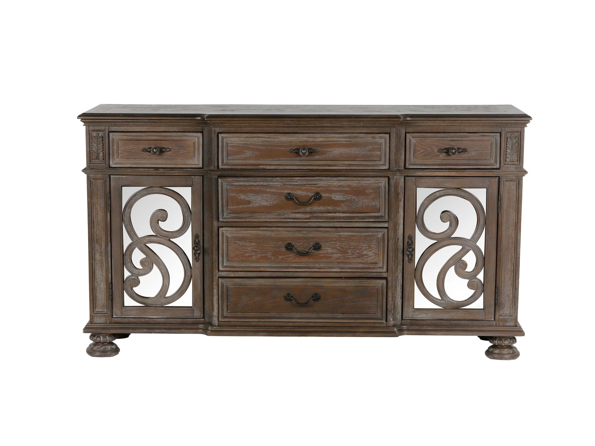 Reclaimed Grey Oak Scroll-Panel Server / Sideboard (7-Drawer)