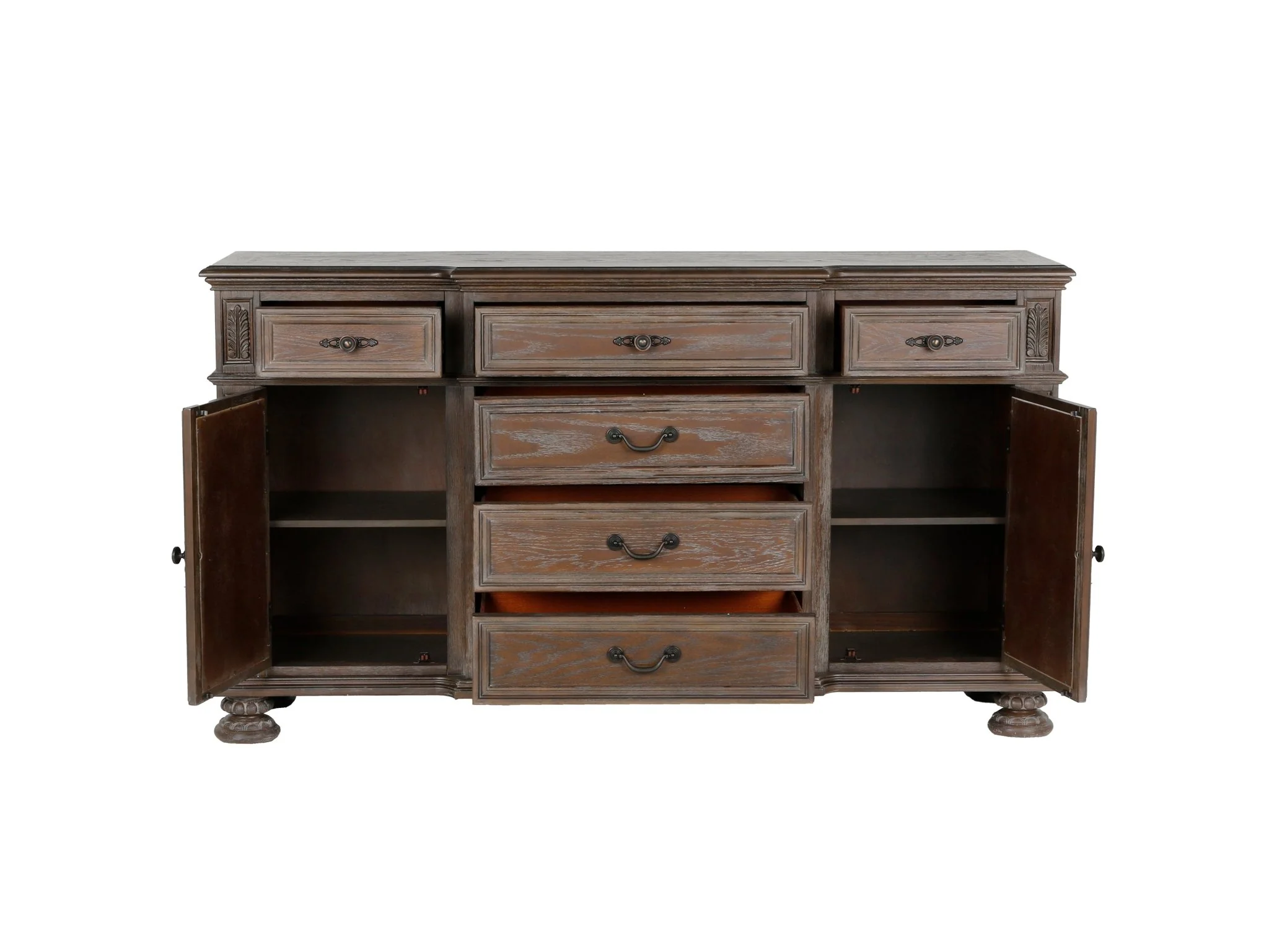 Reclaimed Grey Oak Scroll-Panel Server / Sideboard (7-Drawer)