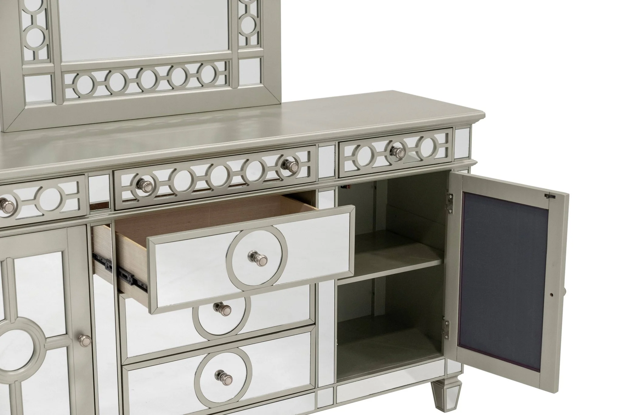 Glam Mirrored Sideboard & Buffet with Mirror in Champagne Finish