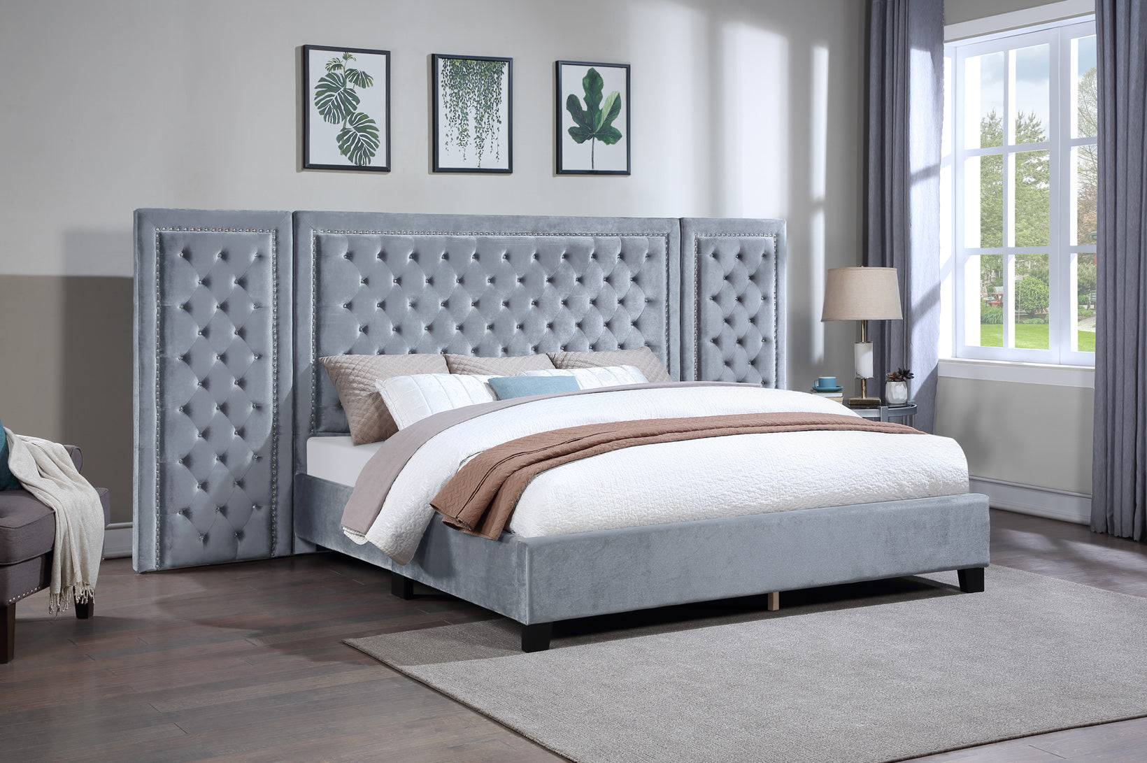 Silver Gray Velvet 3-Piece Queen Panel Bed with Extended Tufted Headboard