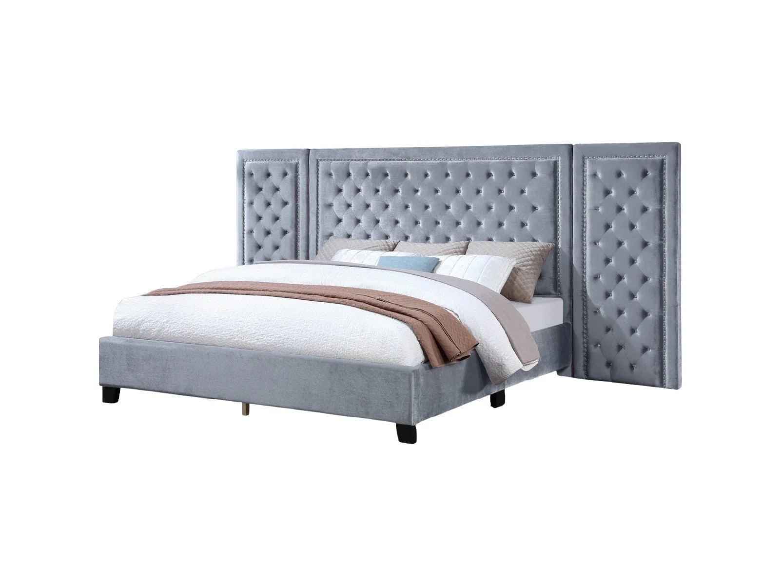Silver Gray Velvet 3-Piece Queen Panel Bed with Extended Tufted Headboard