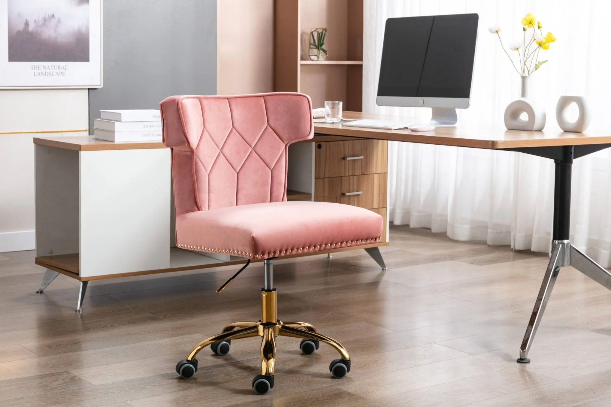 1157-blush-pink-velvet-glam-swivel-office-chair-with-gold-base-casters-7.webp Blush Pink Velvet Glam Swivel Office Chair with Gold Base & Casters