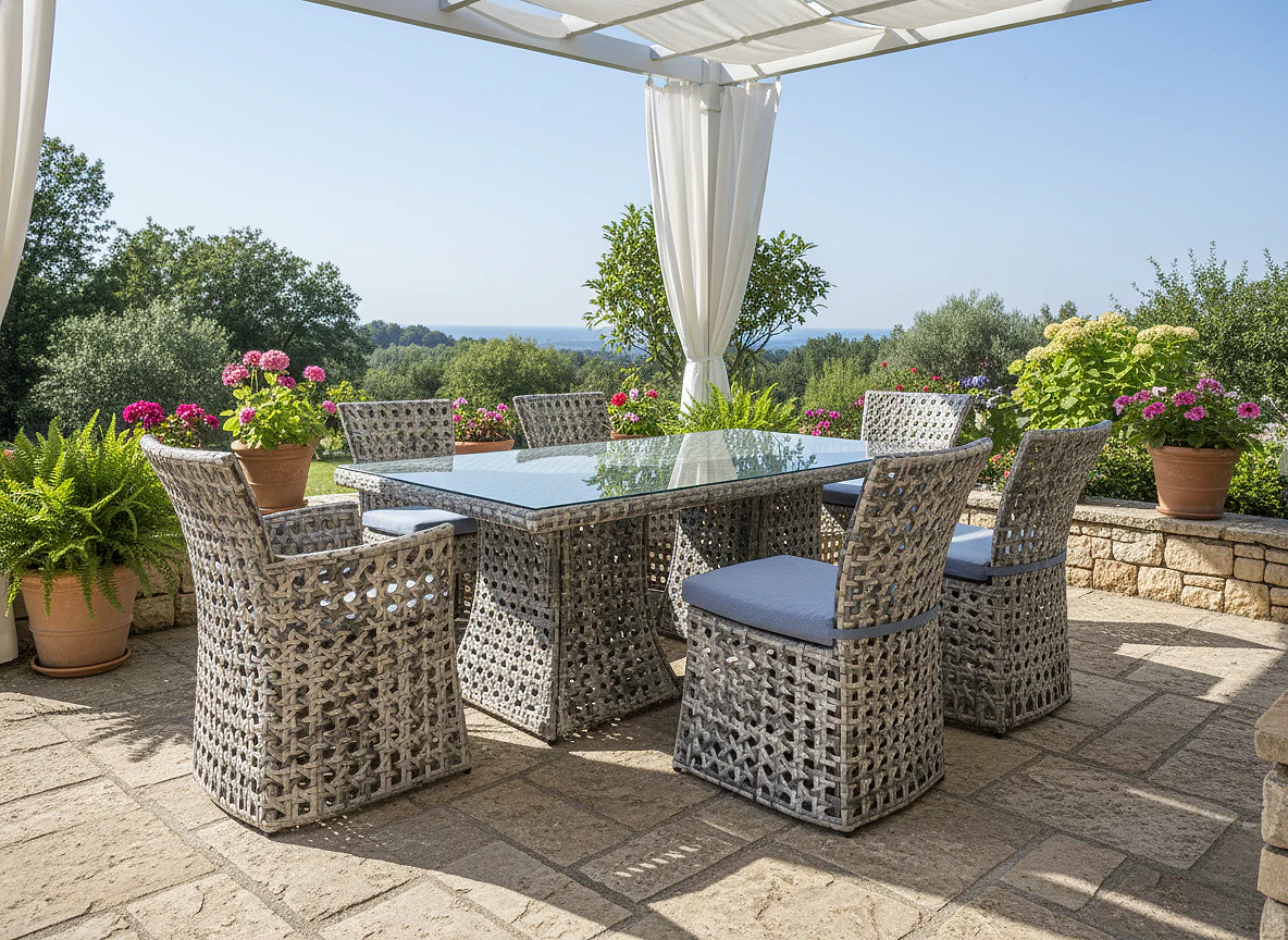 7-Piece Wicker Patio Dining Set - Tempered Glass Table & 6 Chairs