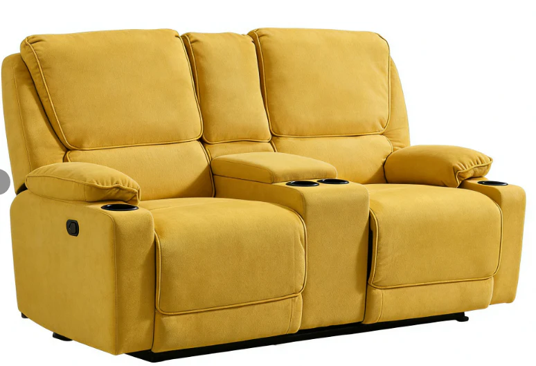 Yellow Manual Reclining Sofa & Loveseat Set with Storage Console and Cup Holders