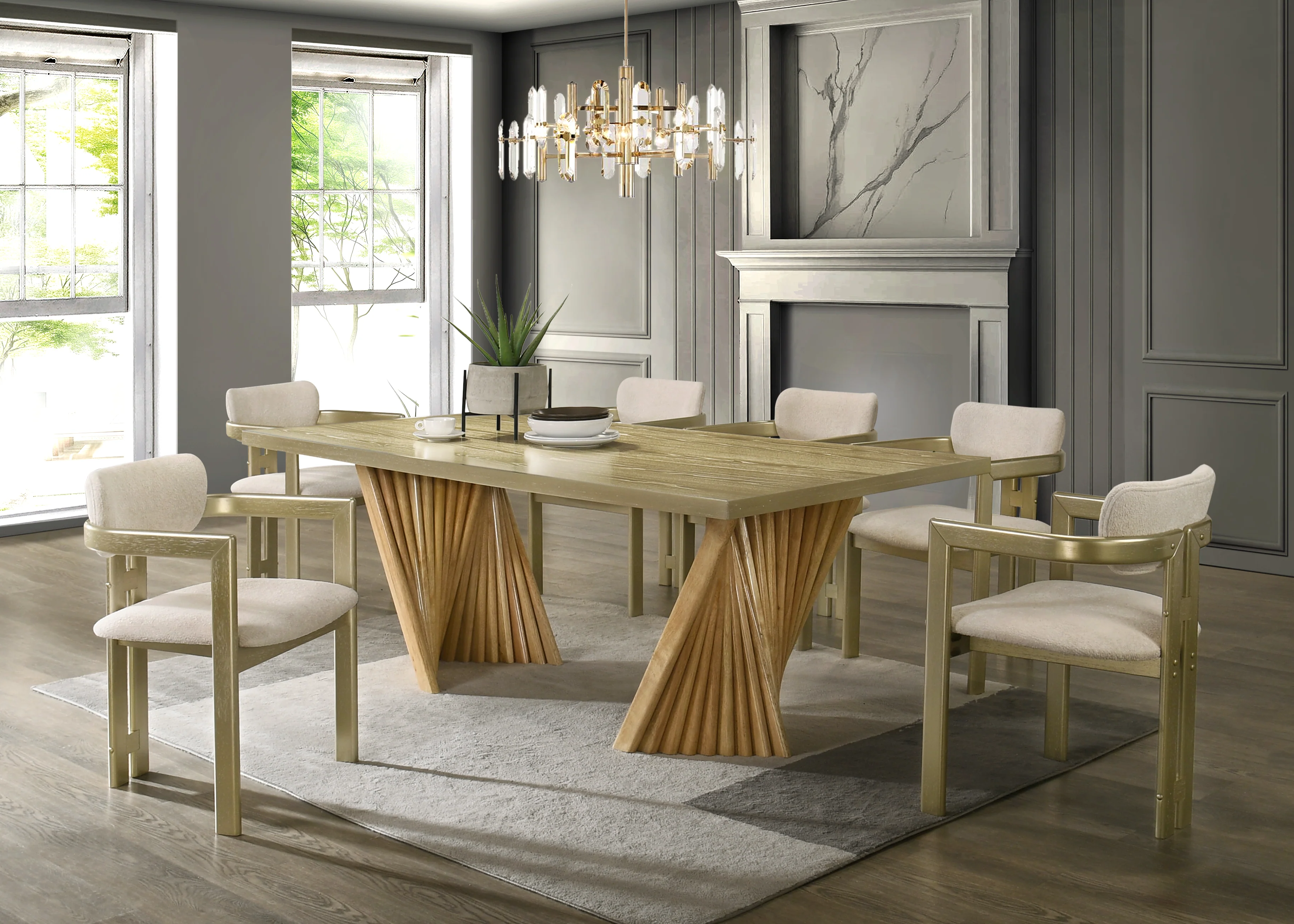 1189-gold-natural-modern-sculptural-pedestal-dining-room-set-with-upholstered-chairs-1.webp Gold & Natural Modern Sculptural Pedestal Dining Room Set with Upholstered Chairs