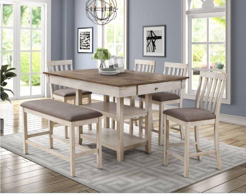 Milk/Dark Brown Counter-Height 6-Piece Dining Set with Storage Shelves