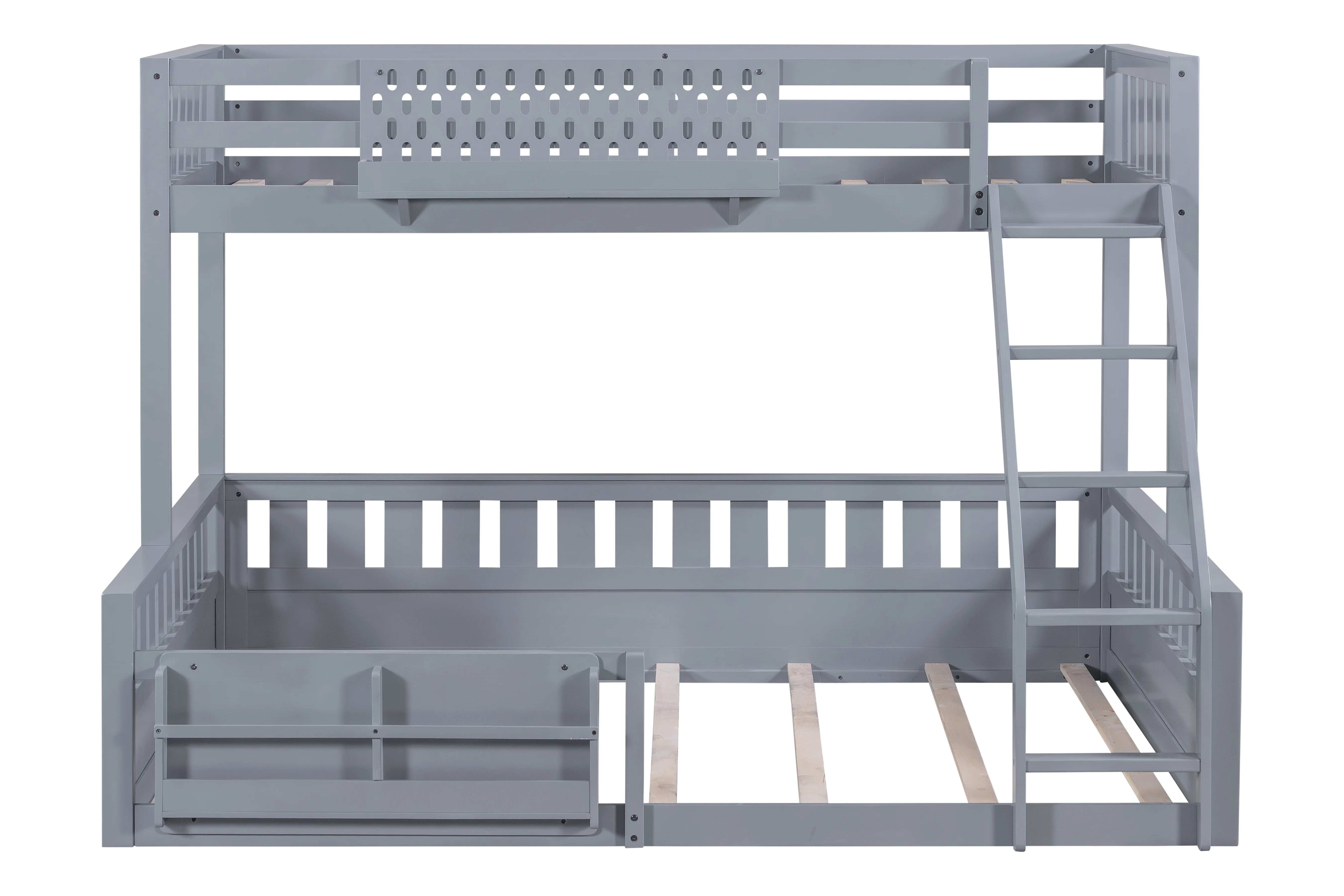 Twin Over Queen Bunk Bed with Ladder and Book Storage Shelf - Gray