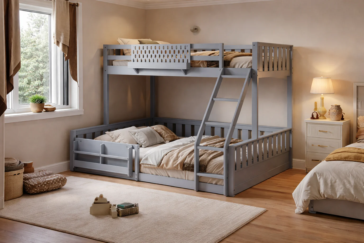 Twin Over Queen Bunk Bed with Ladder and Book Storage Shelf - Gray