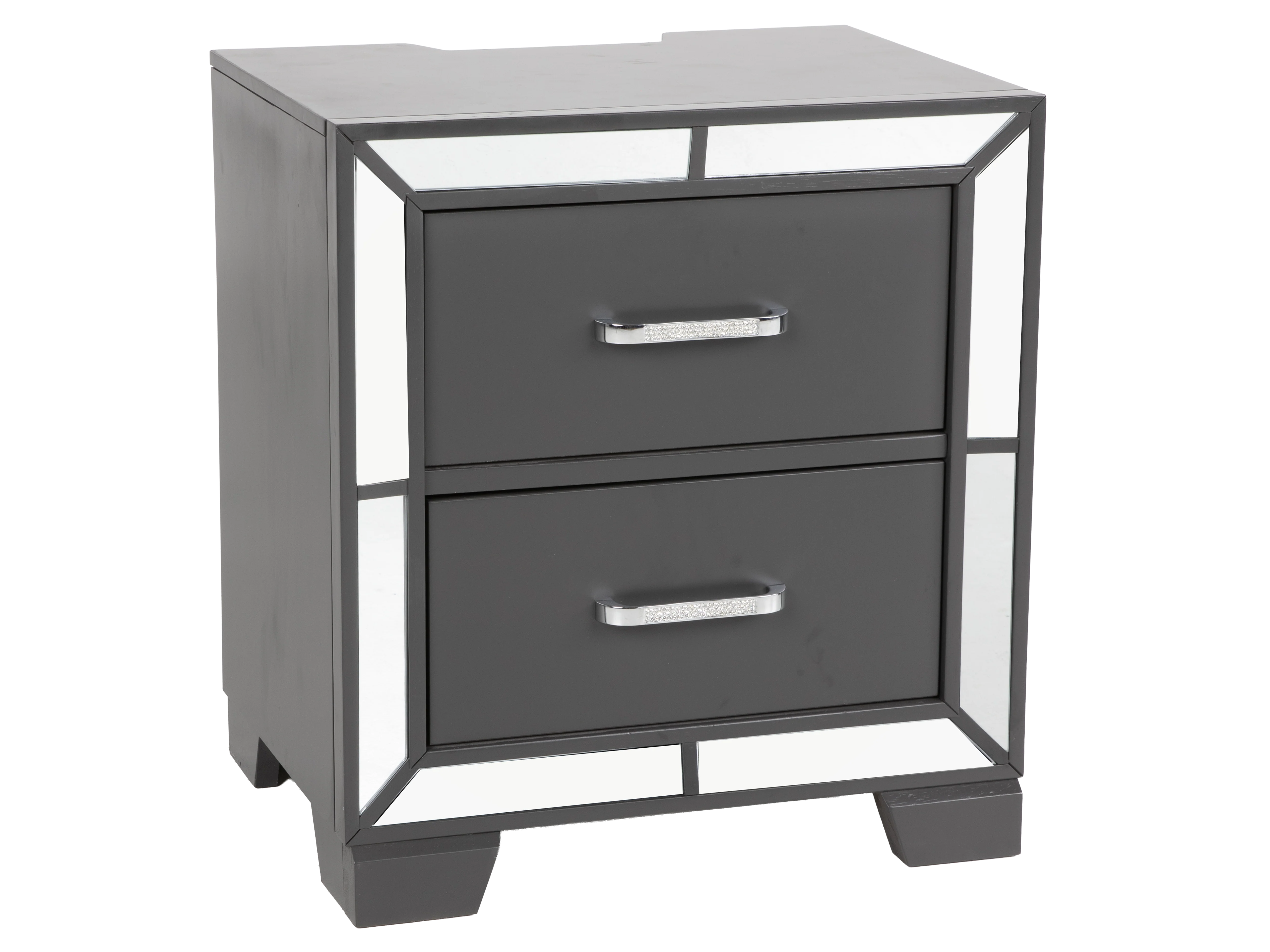 Modern Glam Graphite 2-Drawer Nightstand with USB Charging & Mirror Trim Accents