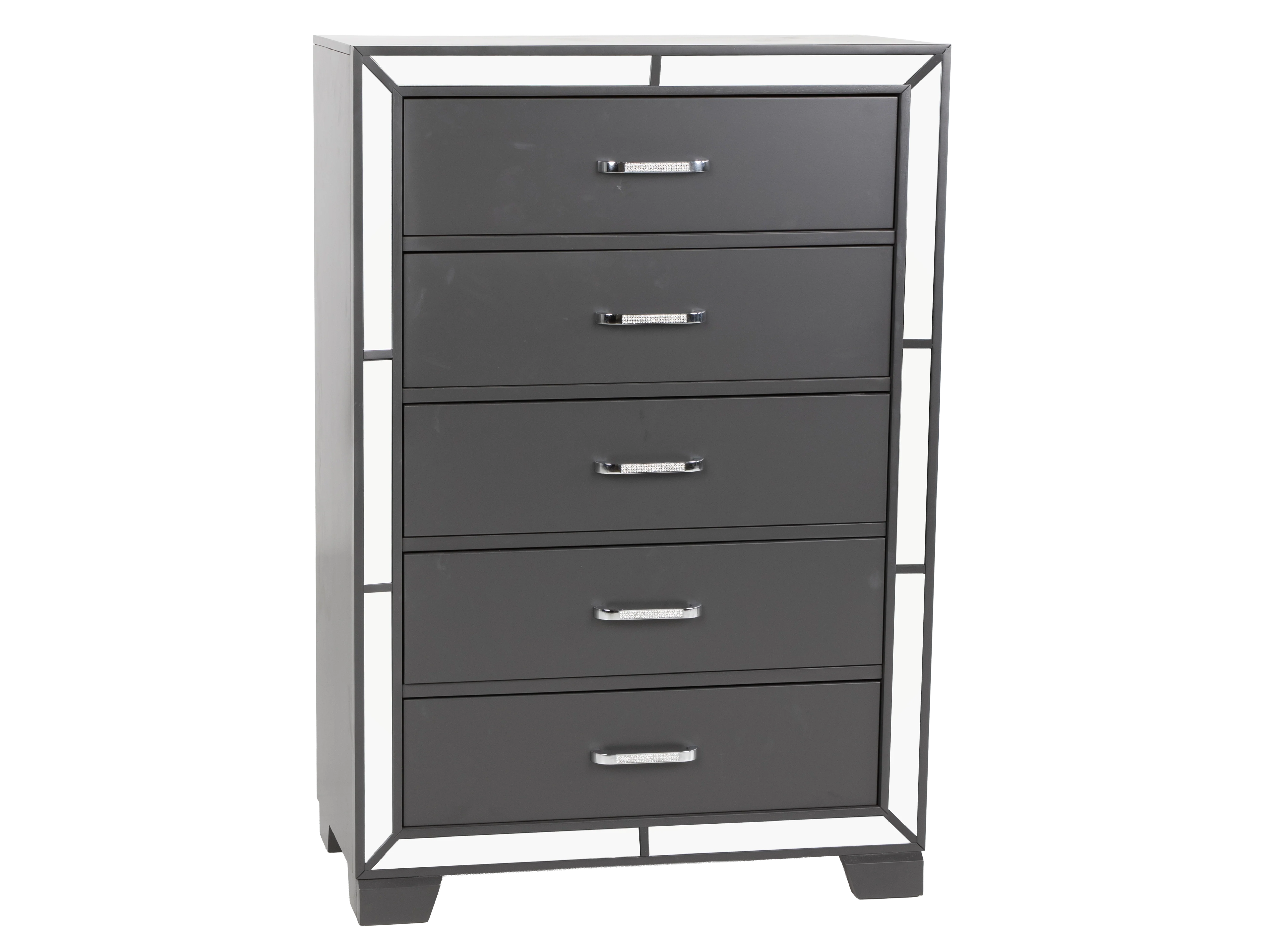 Modern Glam Graphite 5-Drawer Chest with Mirror Trim Accents