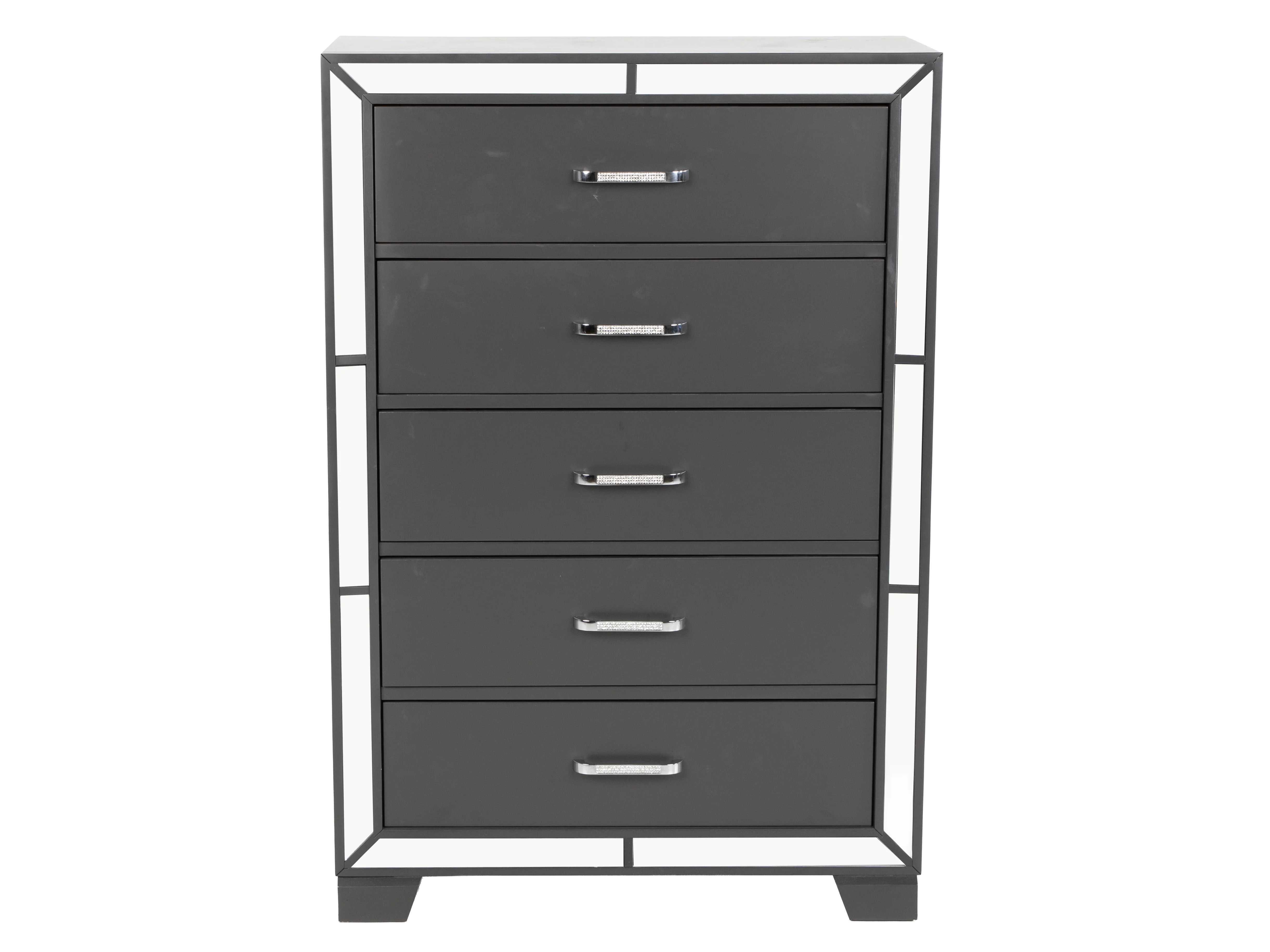 Modern Glam Graphite 5-Drawer Chest with Mirror Trim Accents