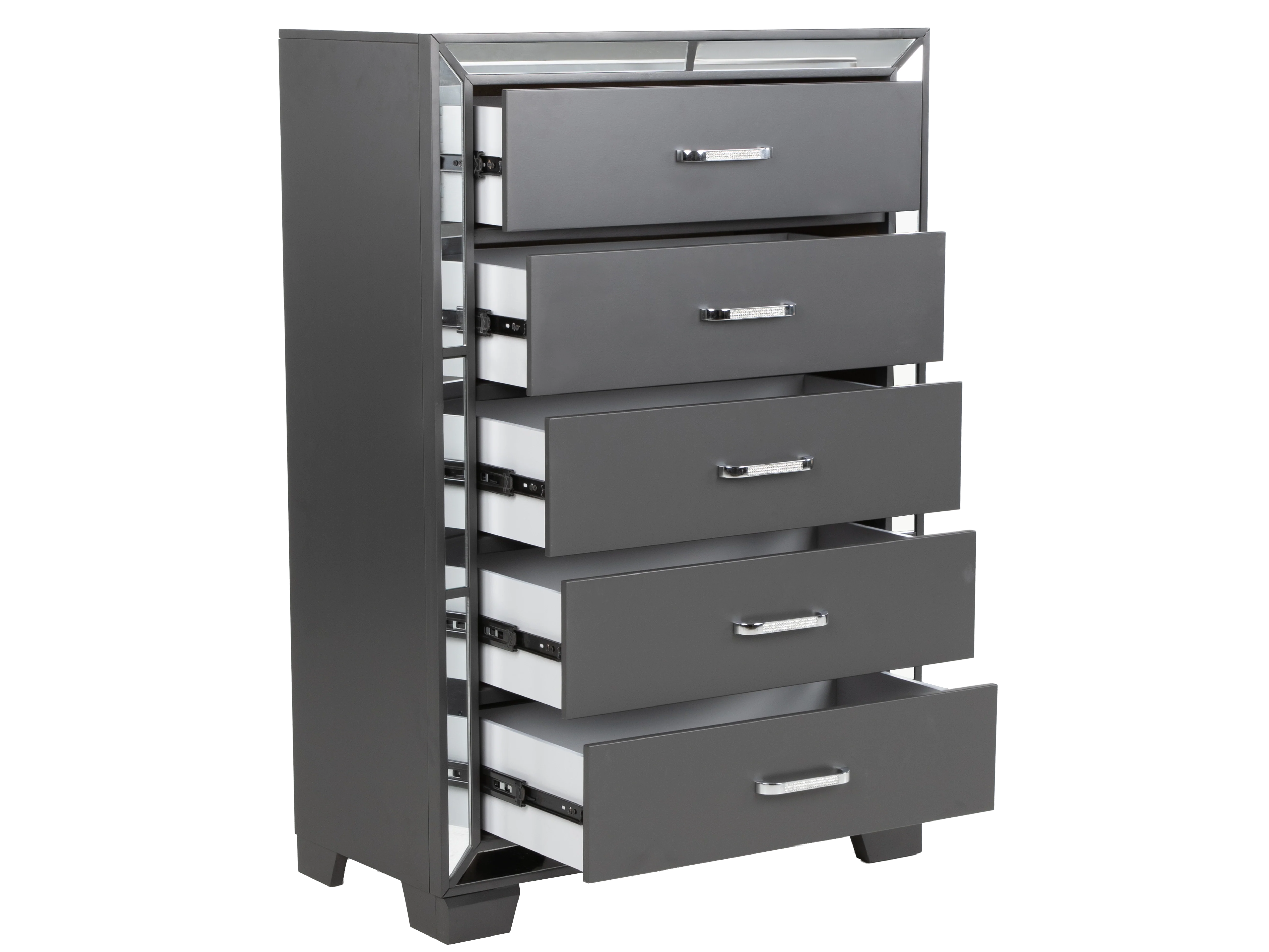 Modern Glam Graphite 5-Drawer Chest with Mirror Trim Accents