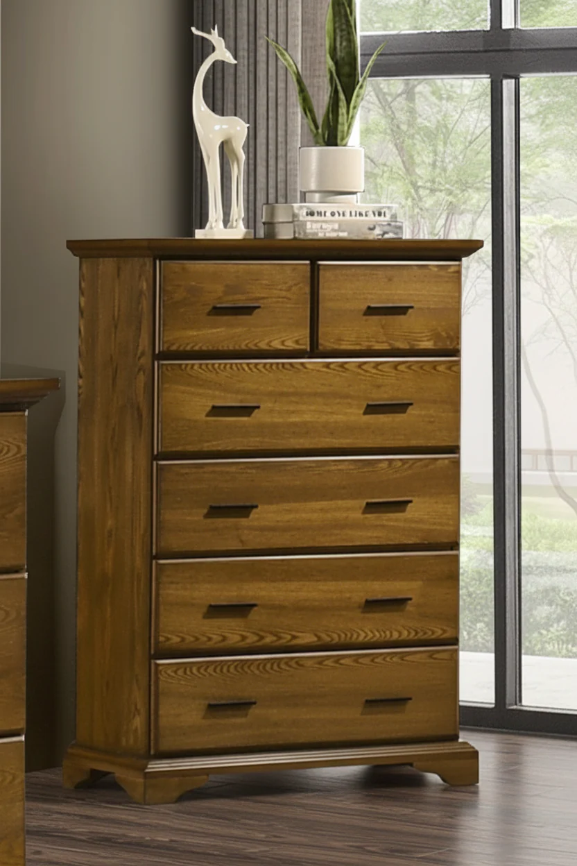 Light Oak 6-Drawer Bedroom Chest with Black Metal Pulls