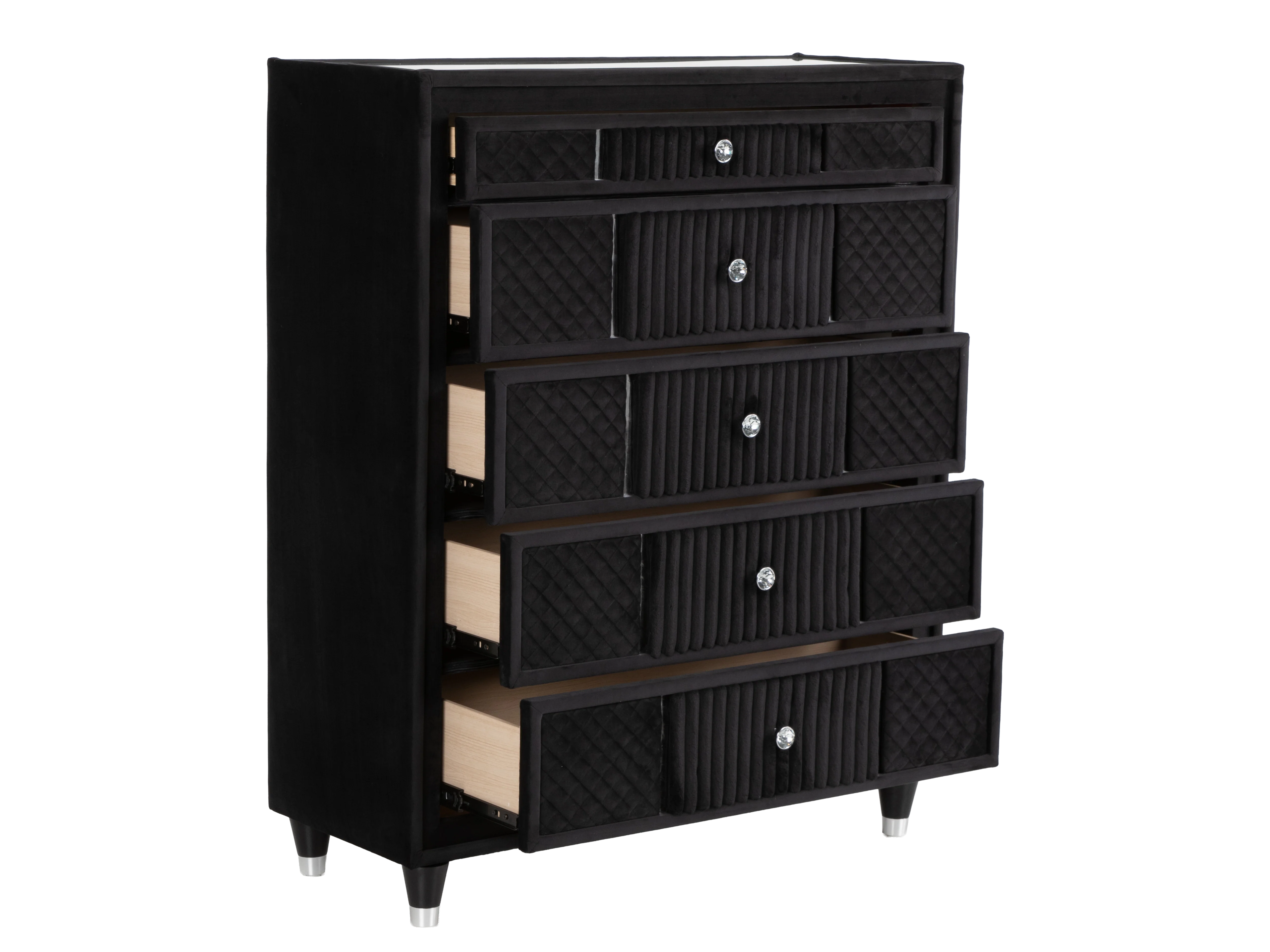Velvet Black 5-Drawer Chest with Corduroy Accents, Dovetail Drawers & Ball-Bearing Glides