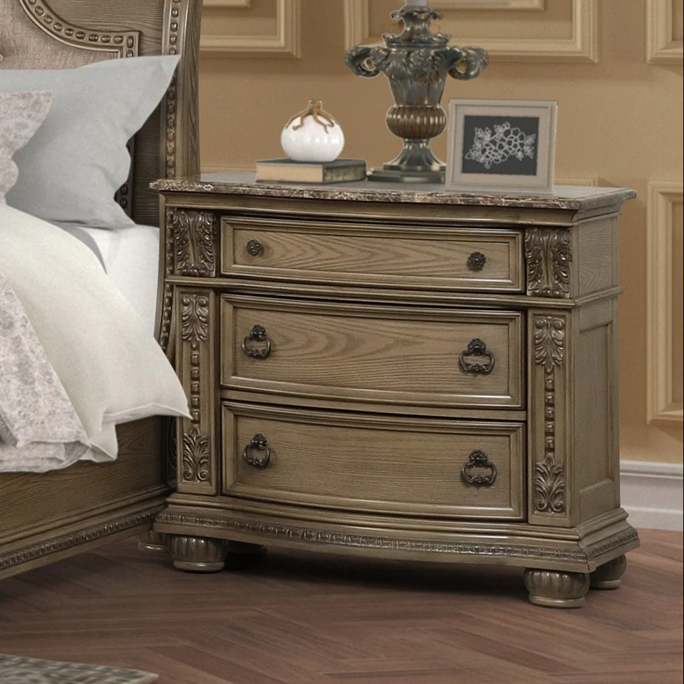 Kensington Estate Light Brown Nightstand with Marble Top and Metal Hardware