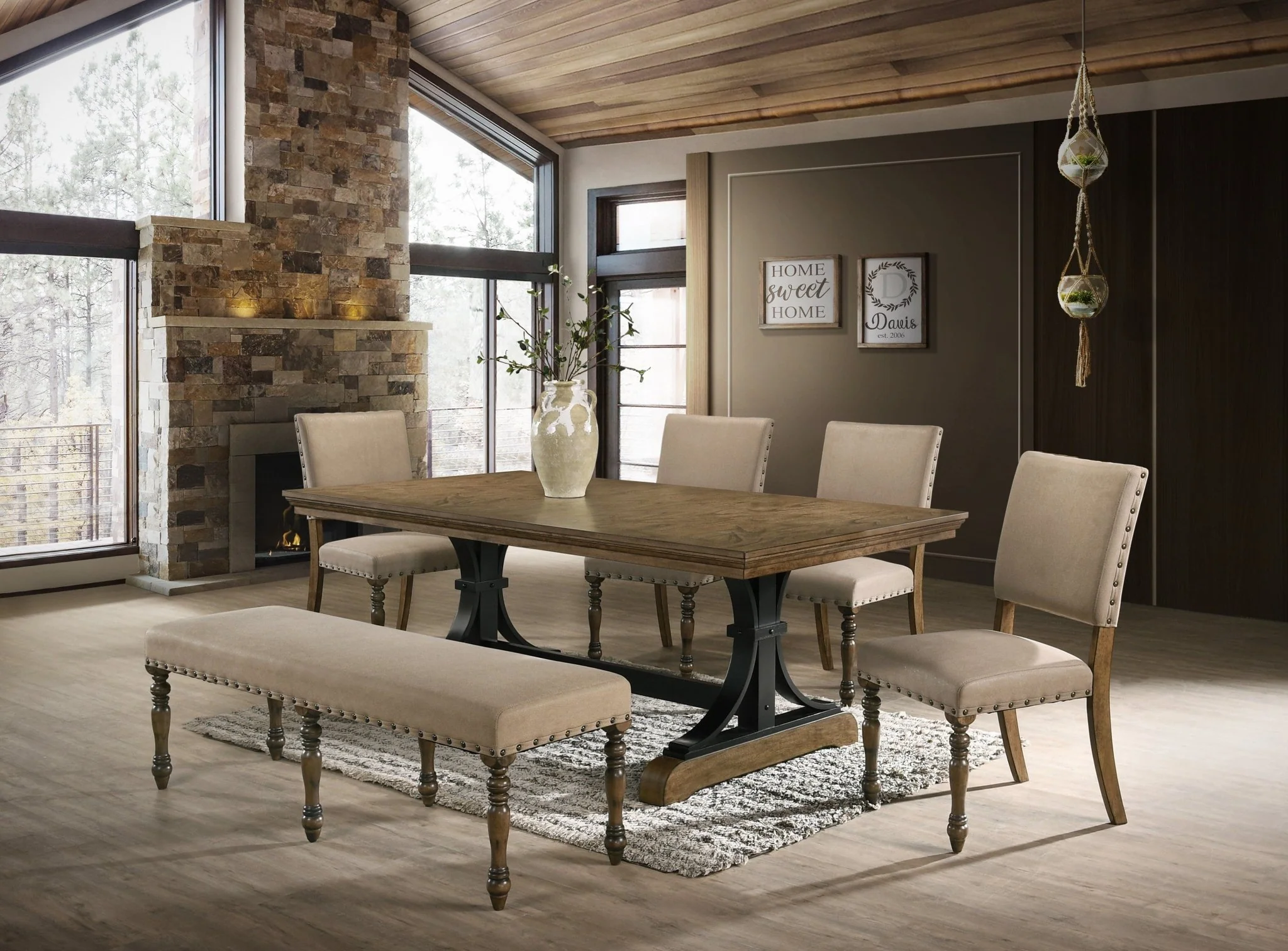 125-brown-6-piece-trestle-dining-set-with-bench-antique-dark-oak-top-upholstered-chairs-nailhead-trim-1.webp Brown 6-Piece Trestle Dining Set with Bench - Antique Dark Oak Top, Upholstered Chairs & Nailhead Trim