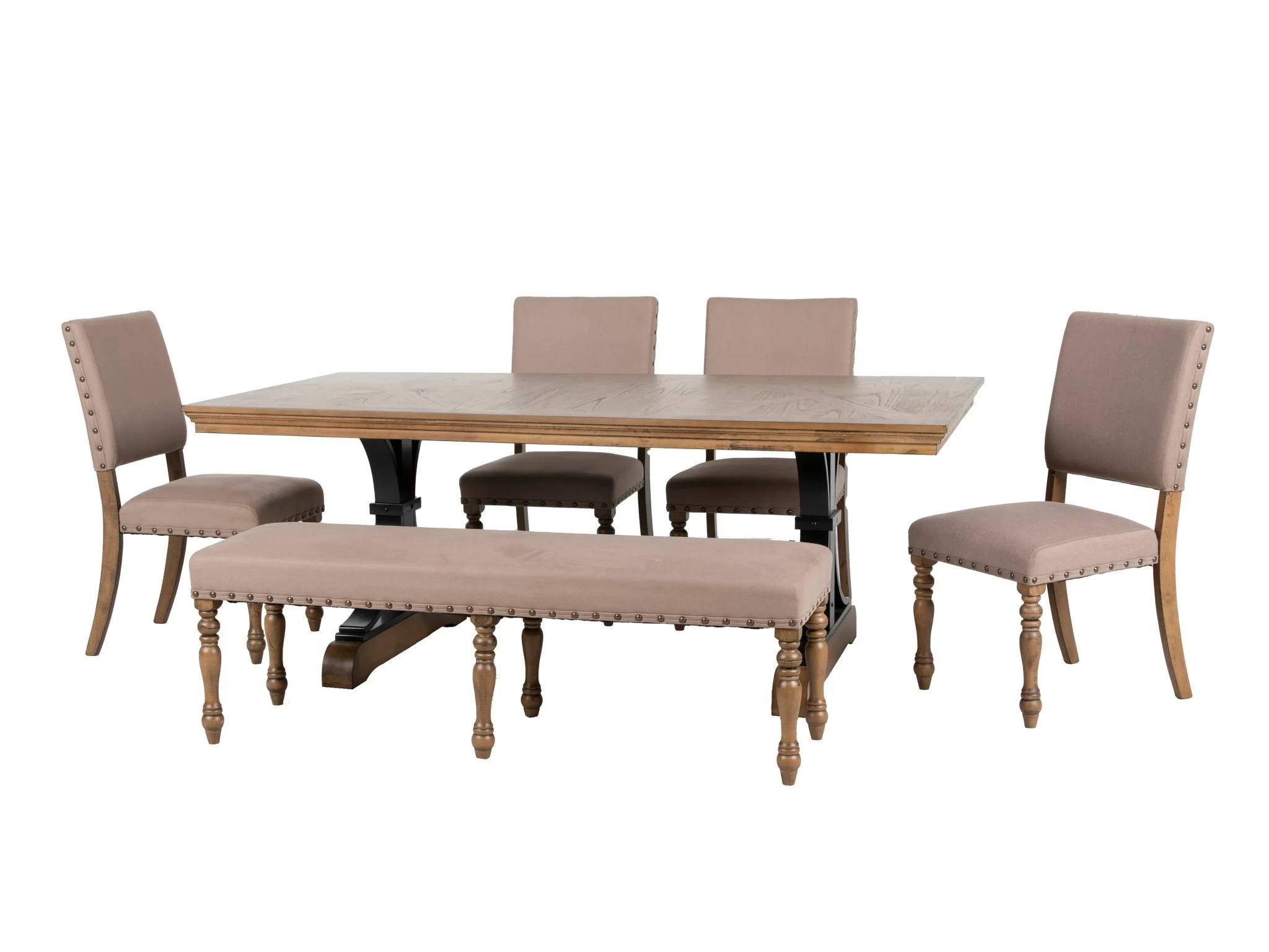 125-brown-6-piece-trestle-dining-set-with-bench-antique-dark-oak-top-upholstered-chairs-nailhead-trim-2.webp Brown 6-Piece Trestle Dining Set with Bench - Antique Dark Oak Top, Upholstered Chairs & Nailhead Trim