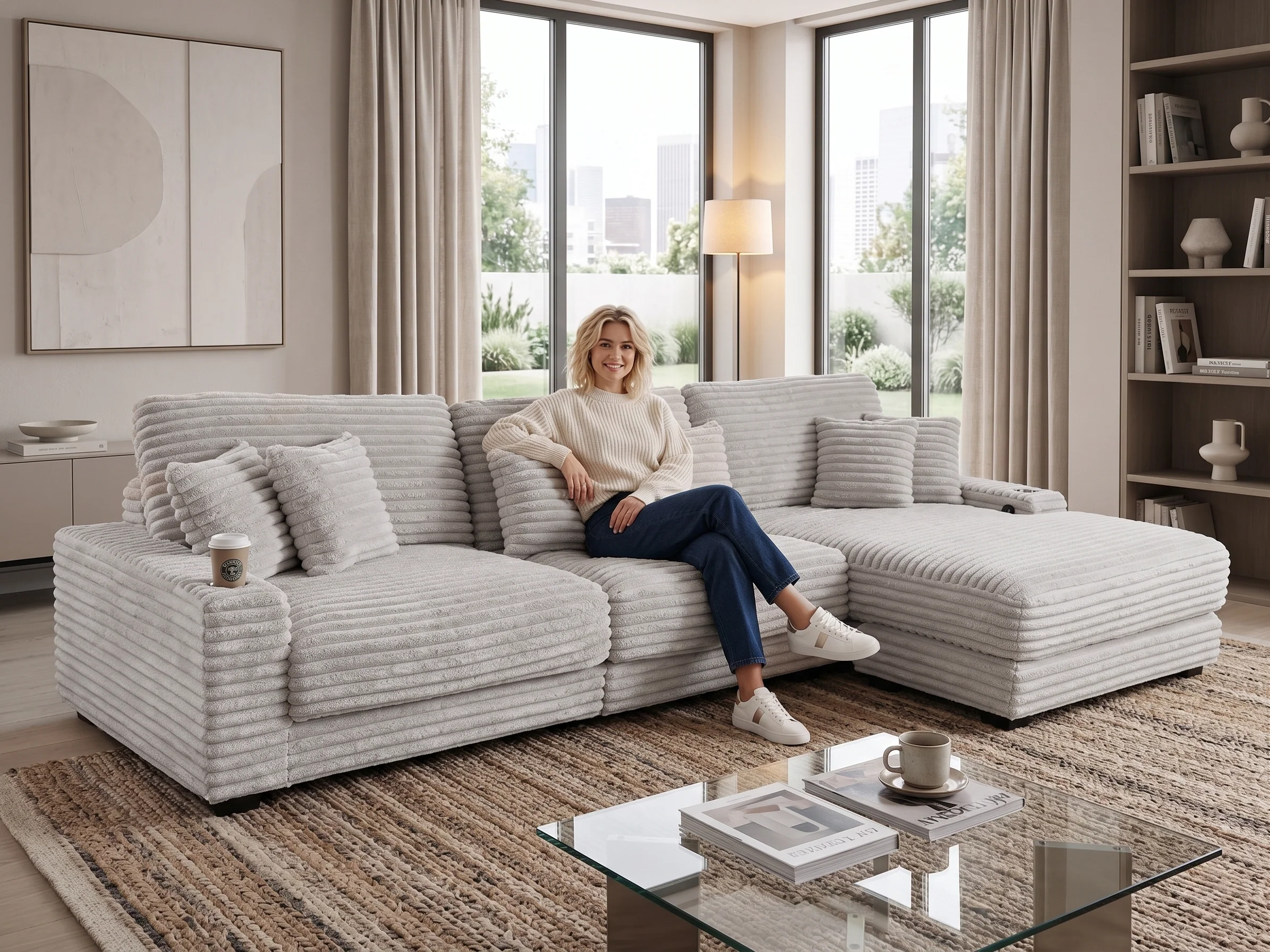 Beige Corduroy Sectional Sofa with Chaise Lounge & Pillows
