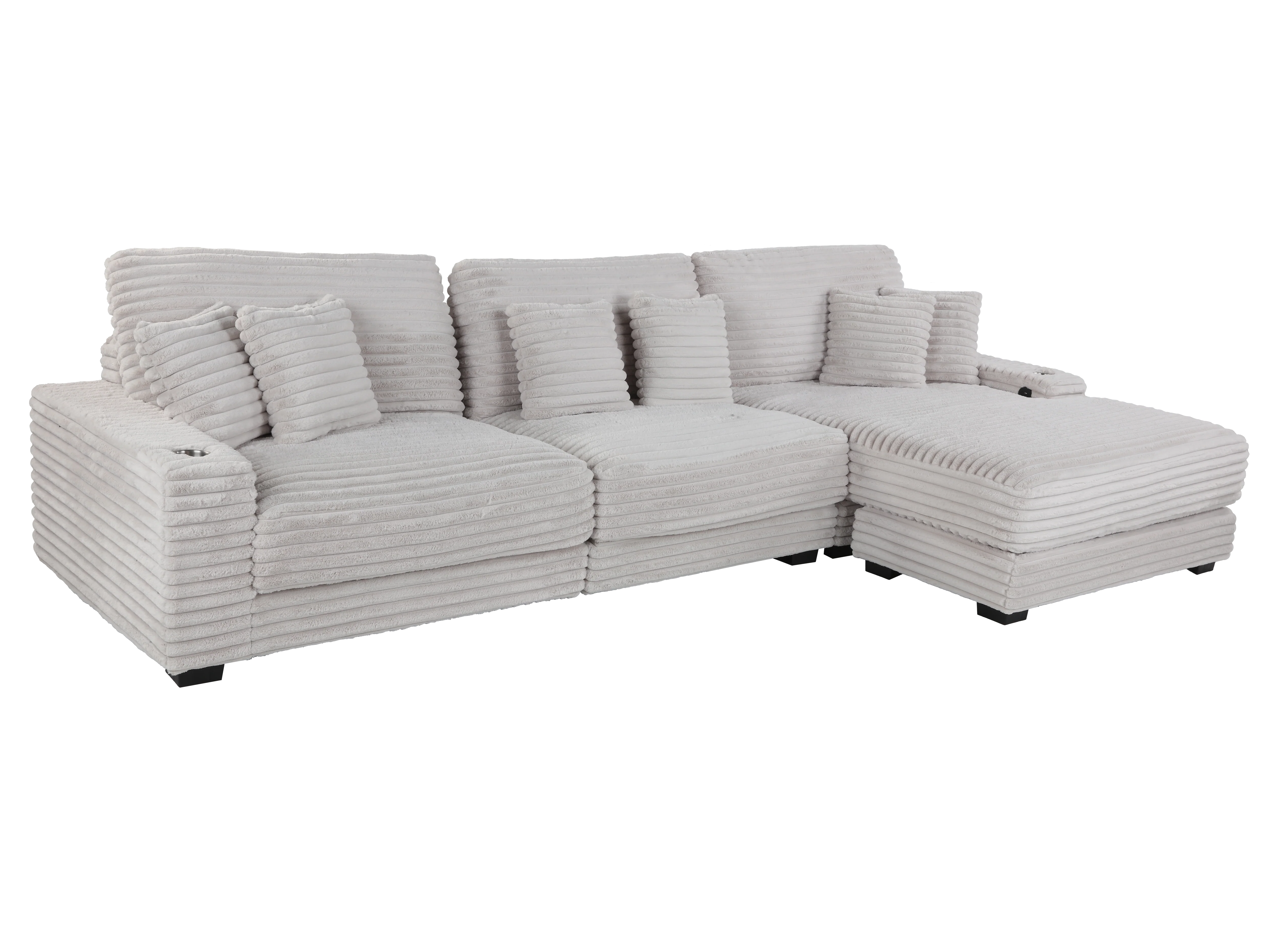 Beige Corduroy Sectional Sofa with Chaise Lounge & Pillows