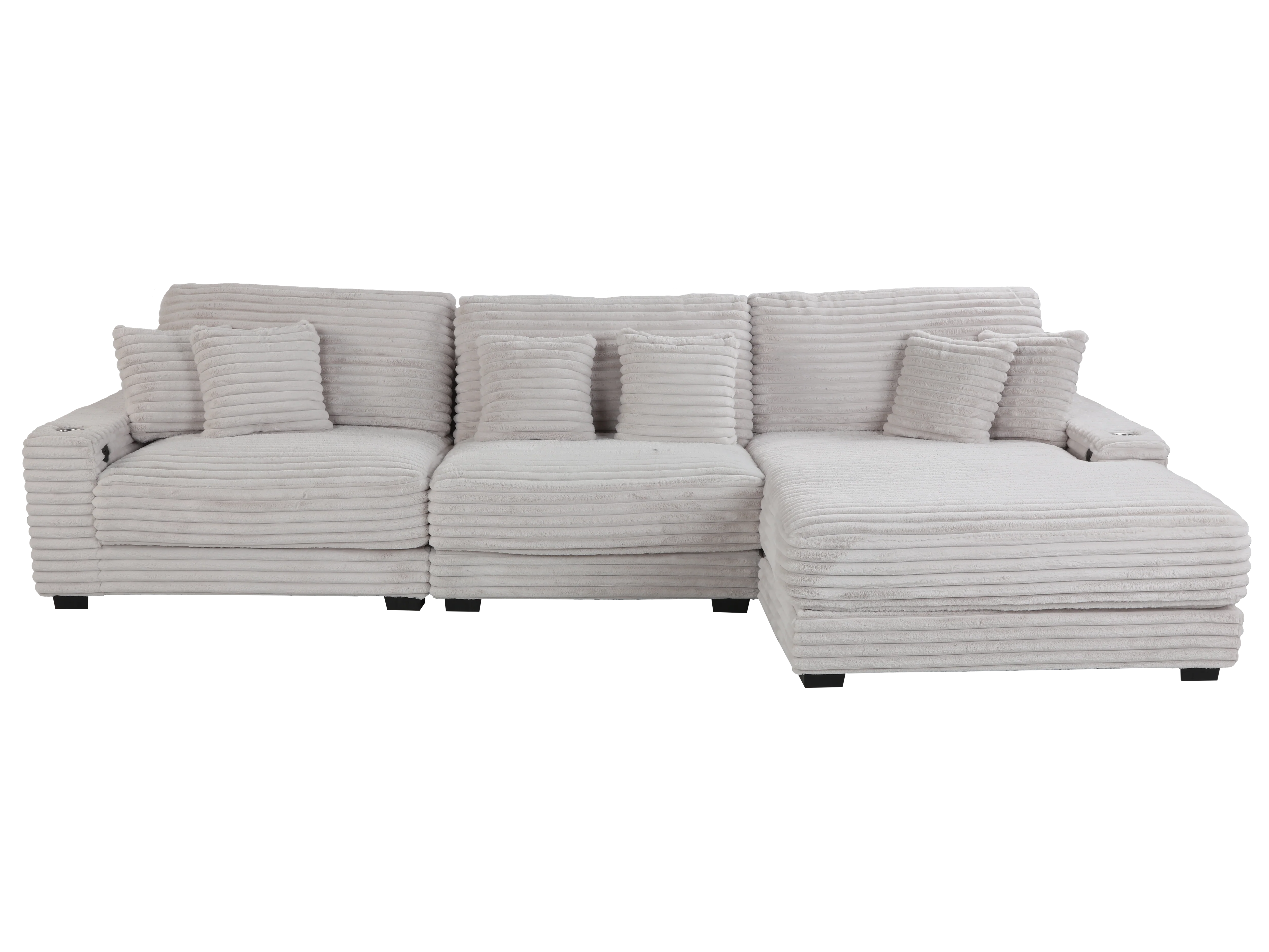 Beige Corduroy Sectional Sofa with Chaise Lounge & Pillows