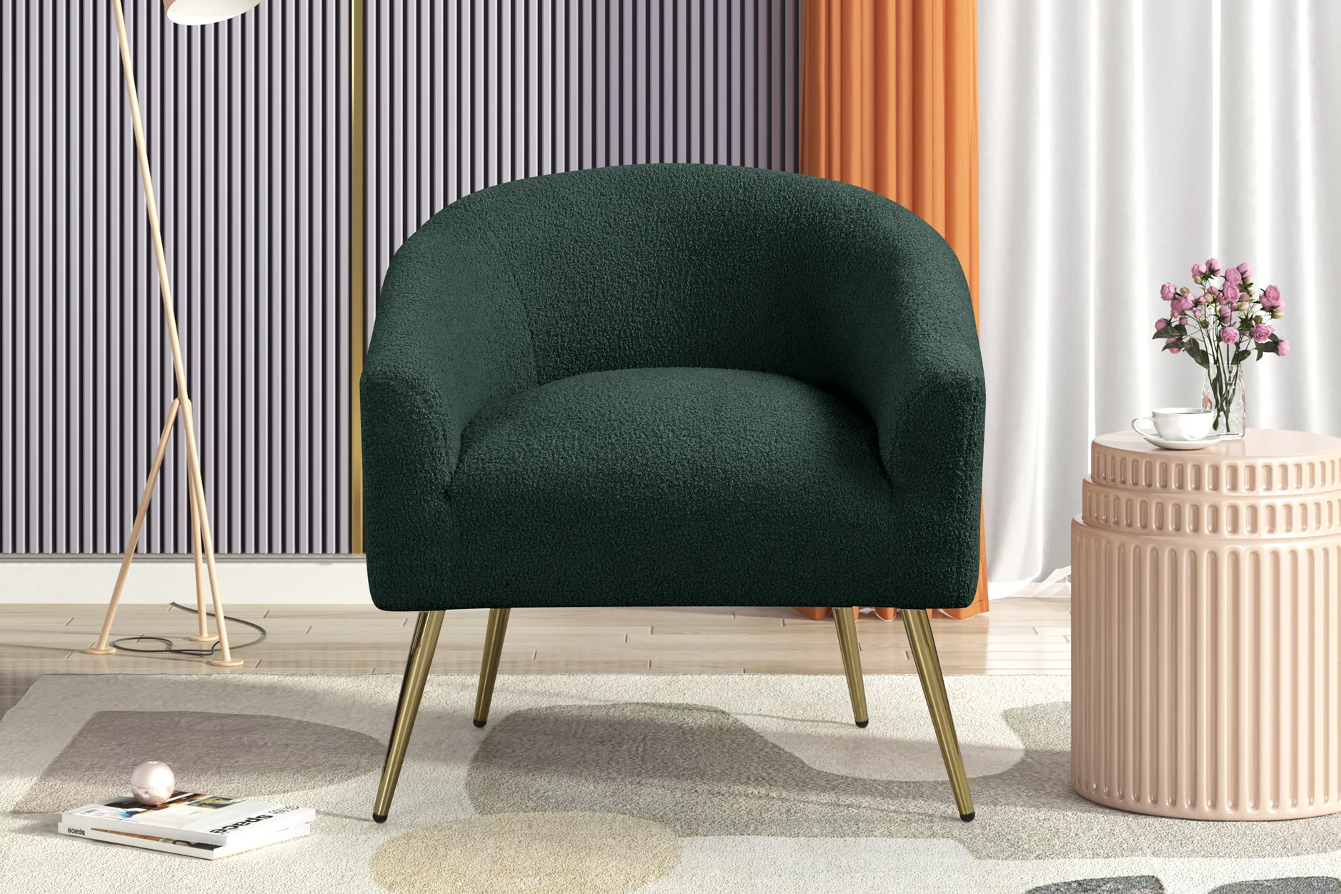 Dark Green Boucle Barrel Accent Chair with Gold Metal Legs