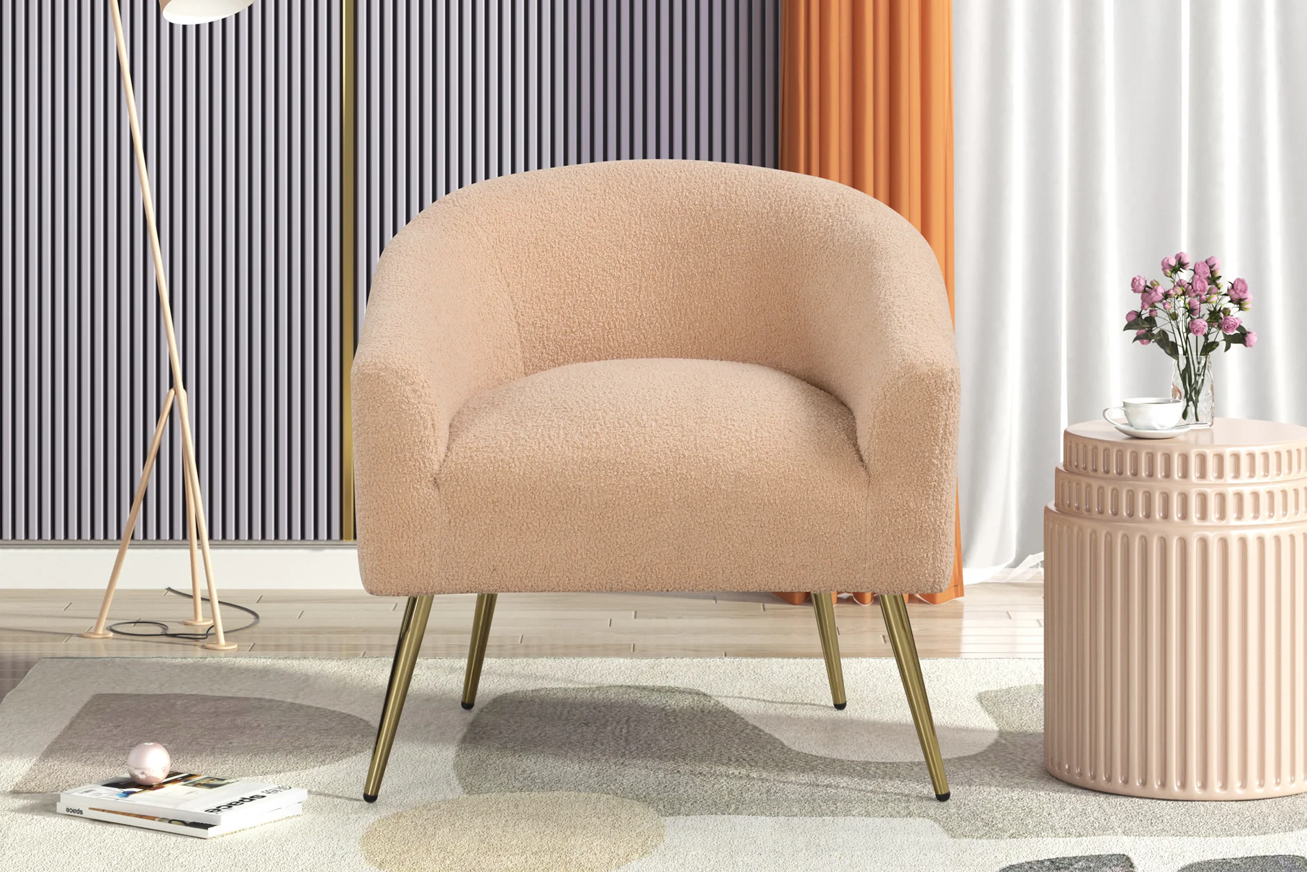 Light Brown Boucle Barrel Chair with Gold Metal Legs