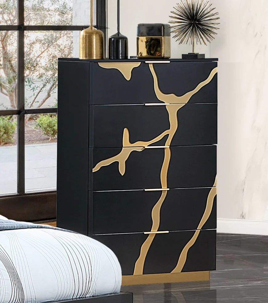 Black and Gold 5-Drawer Chest – Modern Luxury Bedroom Storage