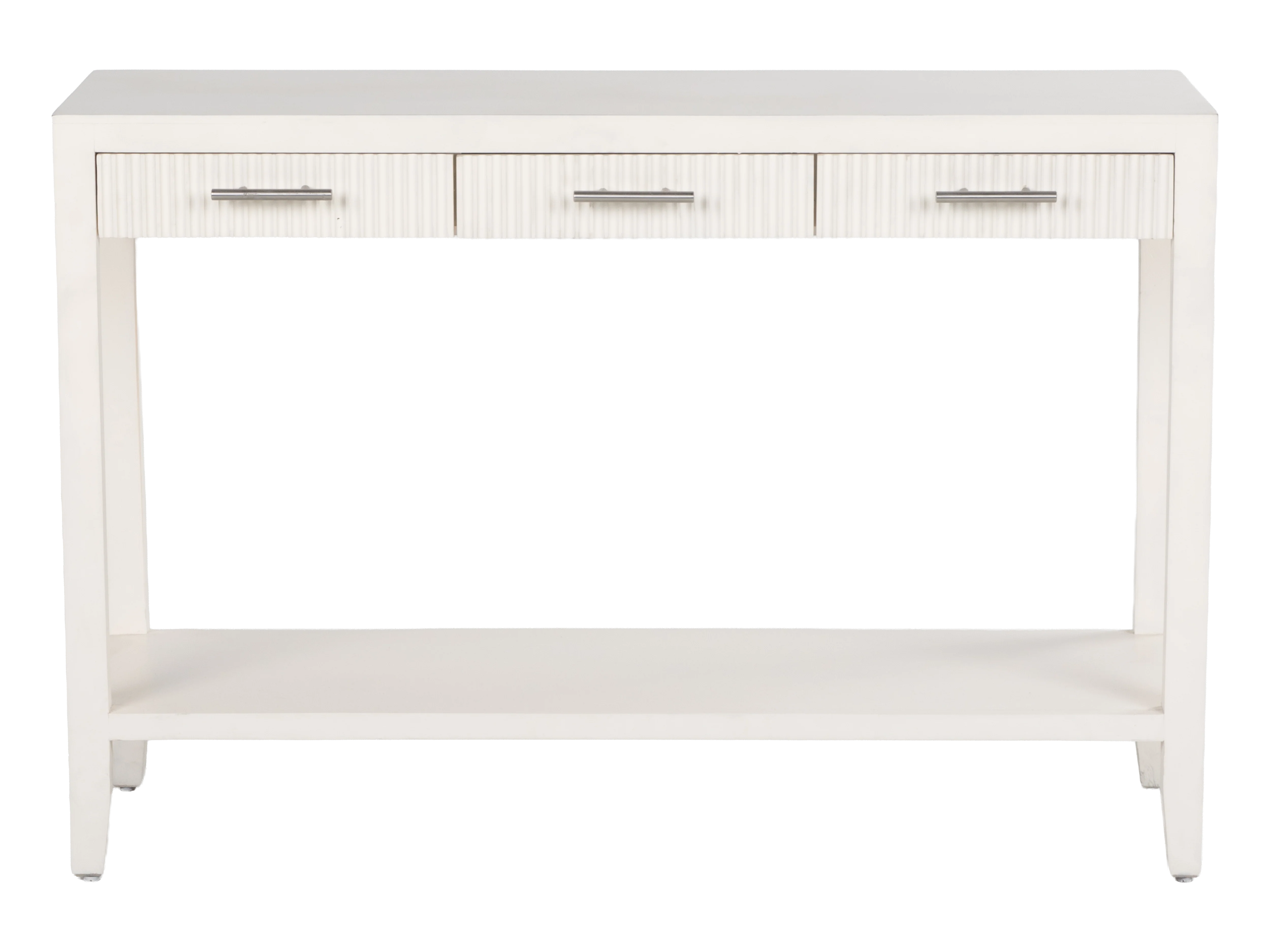 White Coastal Contemporary Fluted Console Table with 3 Drawers & Shelf