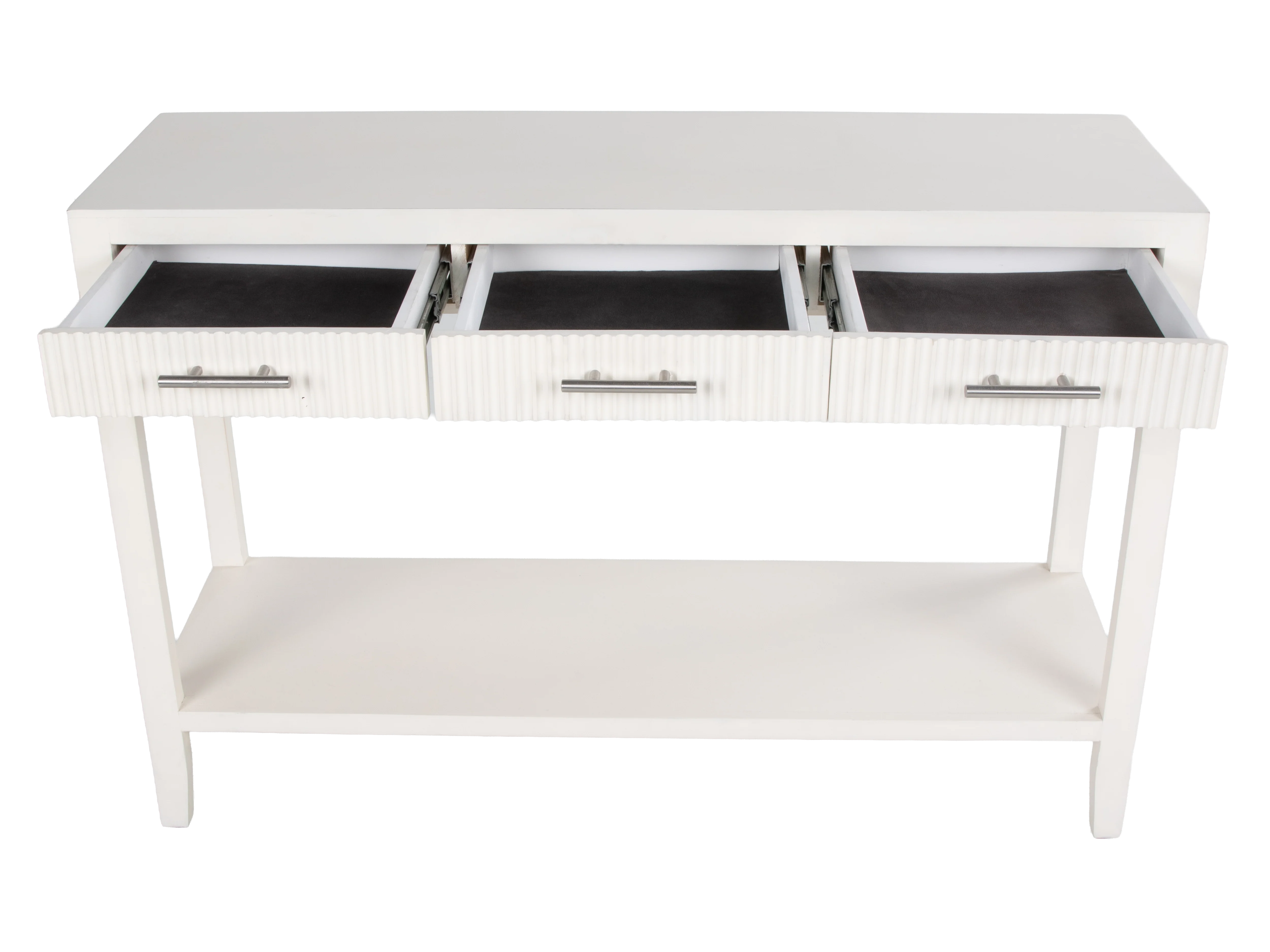 White Coastal Contemporary Fluted Console Table with 3 Drawers & Shelf