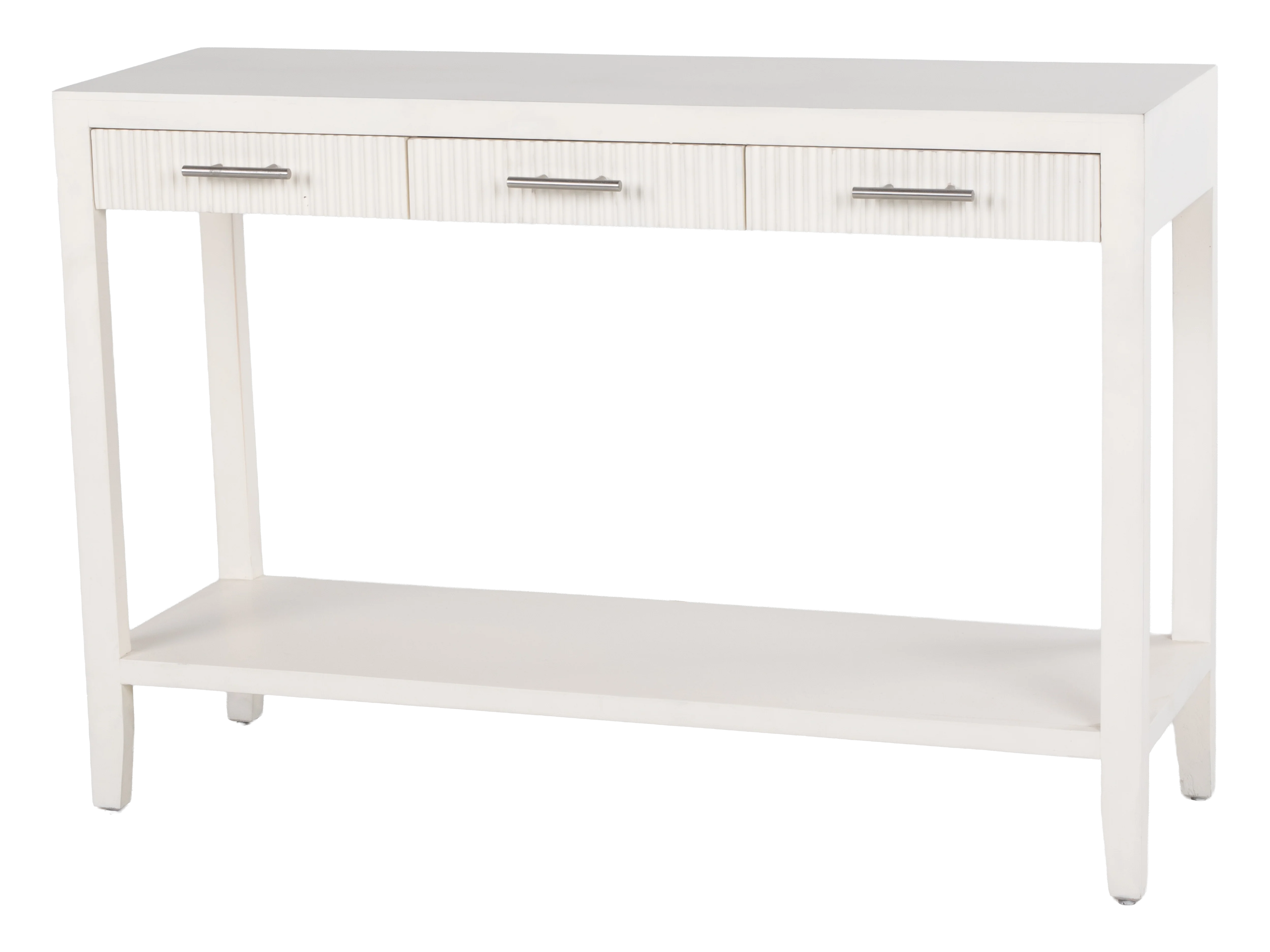 White Coastal Contemporary Fluted Console Table with 3 Drawers & Shelf