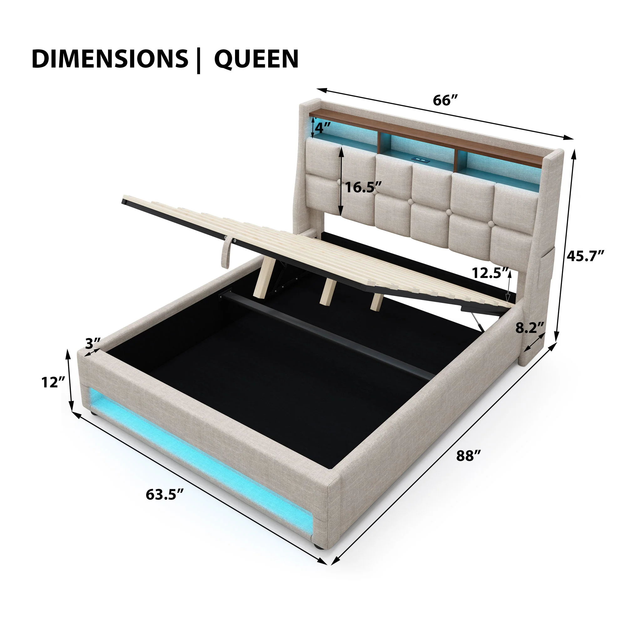Platform Bed With Hydraulic Storage, LED Lighting & Charging Station