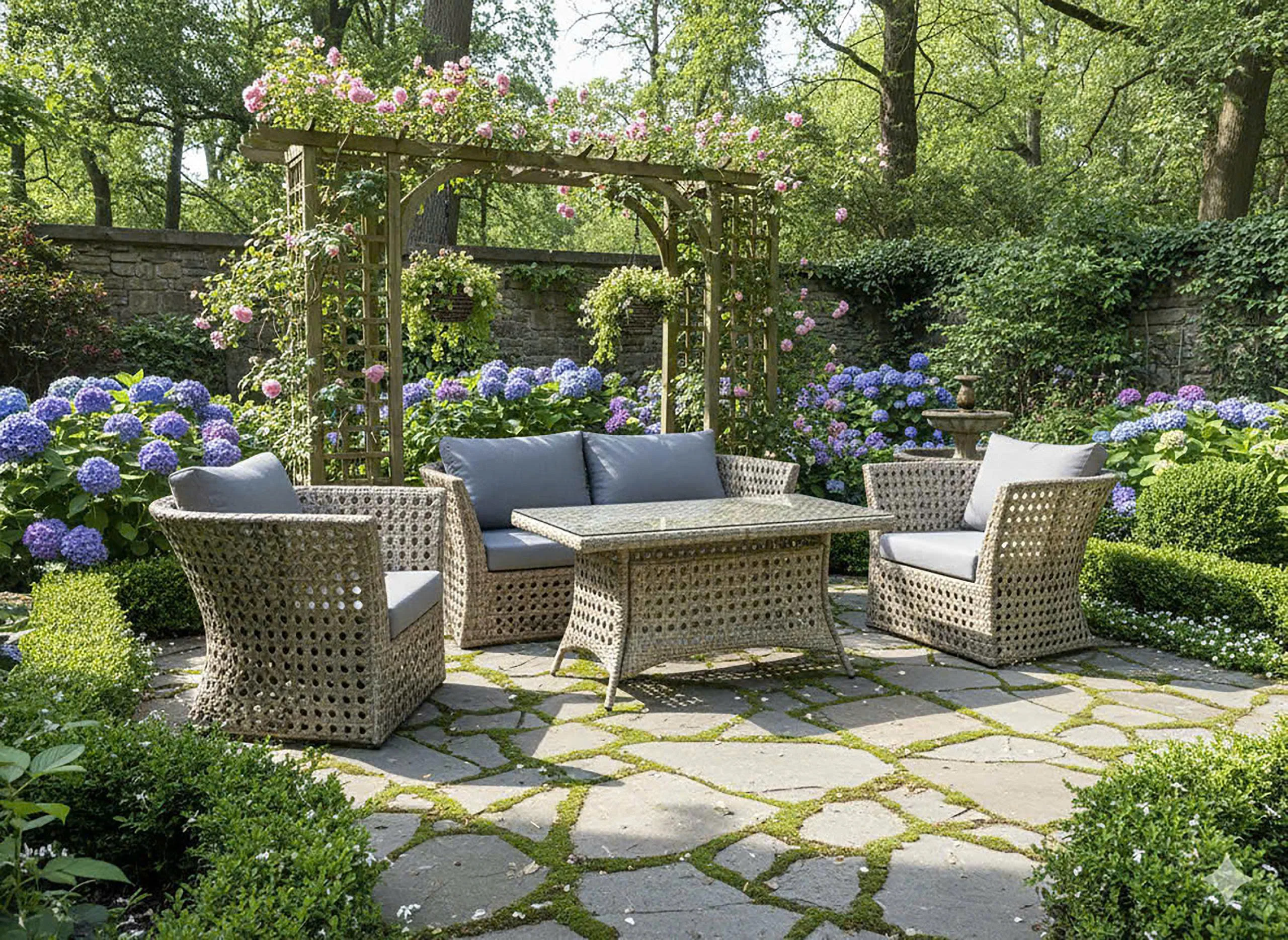 4-Piece Outdoor Wicker Conversation Patio Set with Sofa, 2 Chairs & Glass-Top Table