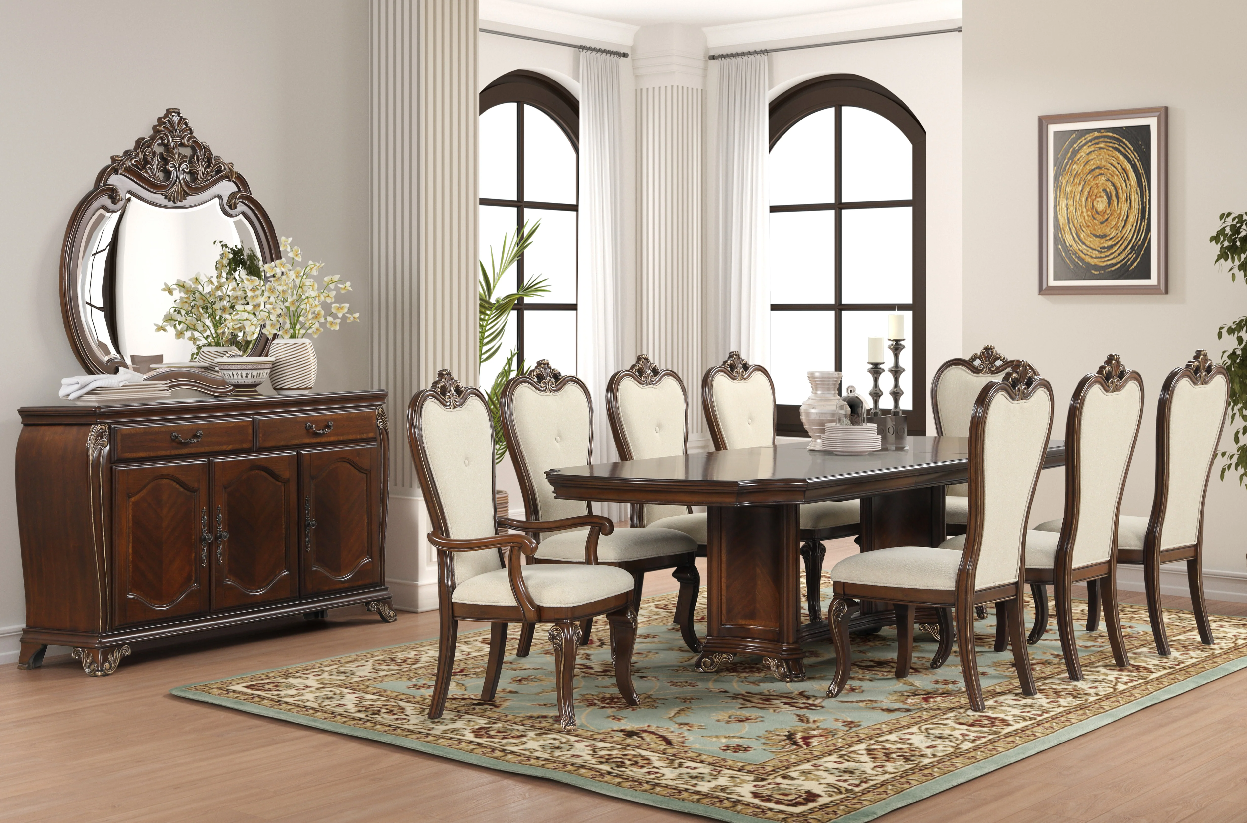 Traditional Sideboard / Buffet Cabinet with Ornate Mirror (Cherry)