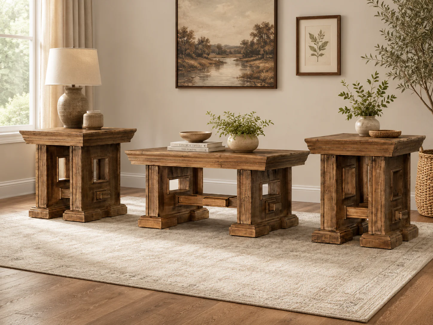 1651-rustic-brown-farmhouse-3-piece-coffee-table-set-with-pedestal-design-1.webp Rustic Brown Farmhouse 3-Piece Coffee Table Set with Pedestal Design