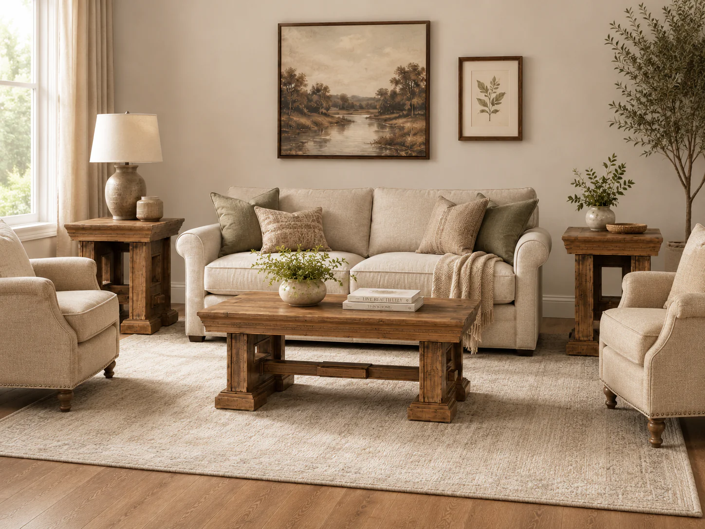 Rustic Brown Farmhouse 3-Piece Coffee Table Set with Pedestal Design